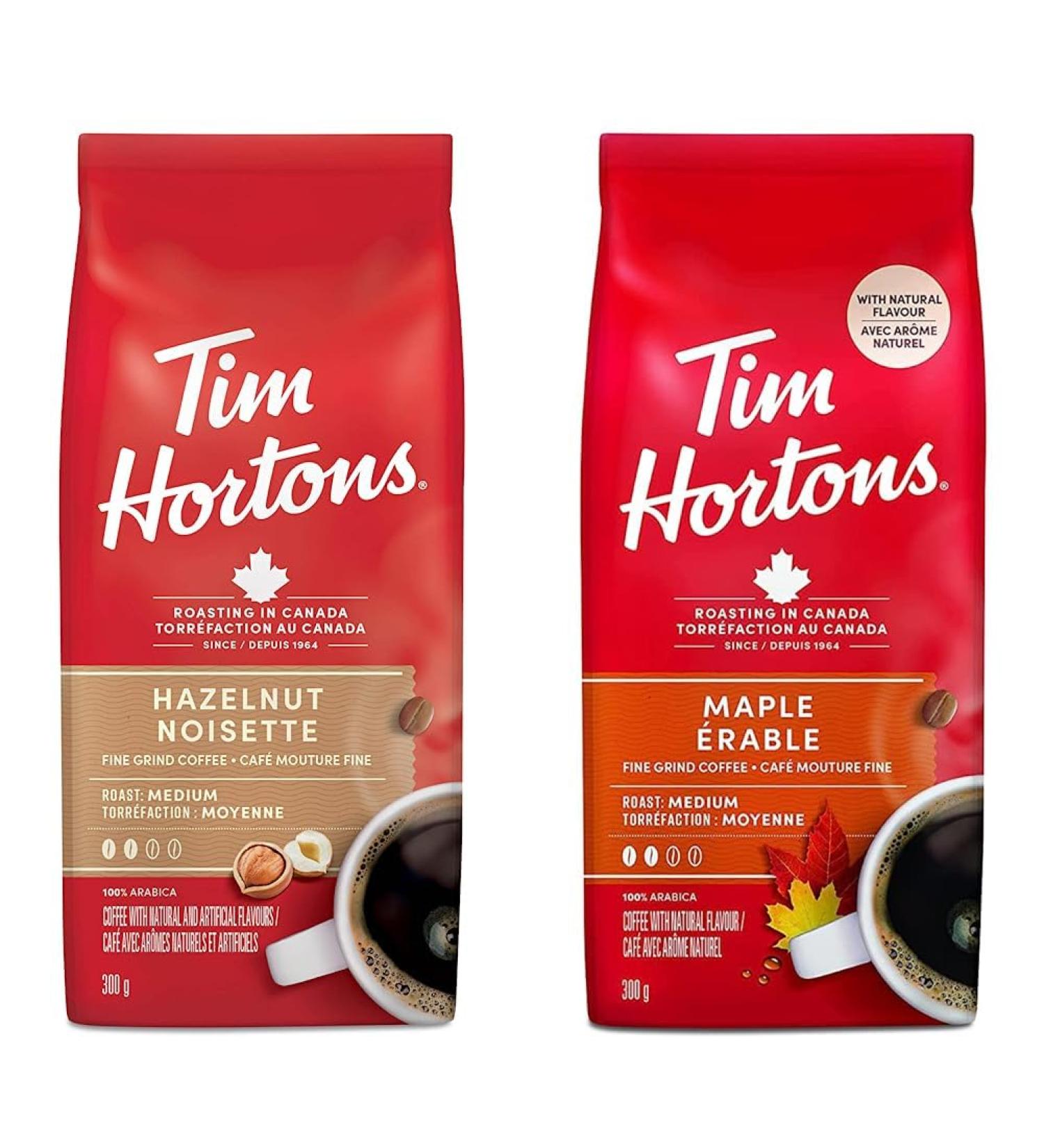 Tim Hortons Hazelnut Fine Grind Coffee Medium Roast 300g Bag & Maple Fine Grind Coffee Medium Roast 300g Bag
