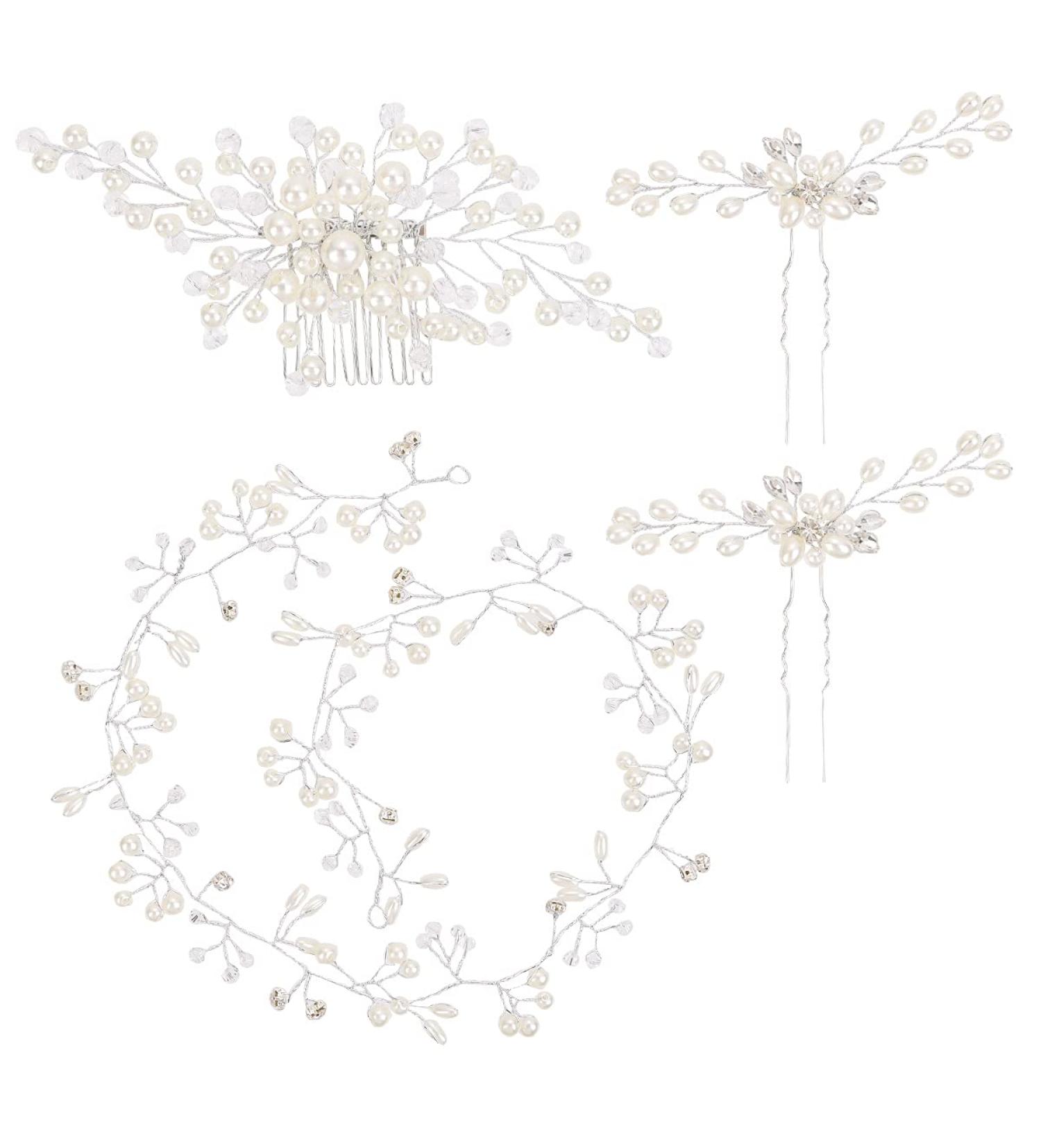 BNPCBUK Bride Hair Jewelry Set - 4 Pieces White Hair Accessories for Brides & Bridesmaids | 50cm Hair Band 23cm Comb & U-Shaped Clips - Buy Online on GoSupps.com