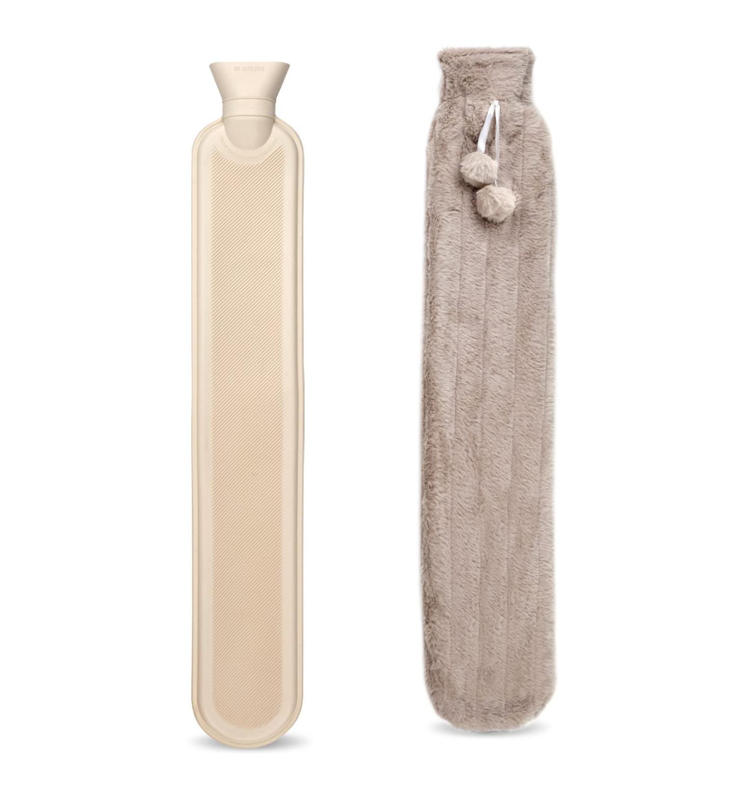 Large 2L Hot Water Bottle with Fluffy Faux Fur Cover - 73cm Rubber Bag for Neck, Waist, Abdomen & Legs - Khaki - Buy Online on GoSupps.com