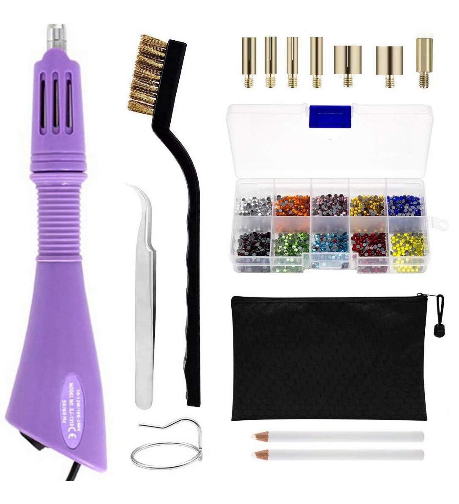 Hotfix Applicator DIY Rhinestone Wand Setter Tool Kit with 7 Tips, Tweezers, Cleaning Brush, 2 Pencils, and 10 Colors of Hot-Fix Crystal Rhinestones - Purple - Buy Online on GoSupps.com