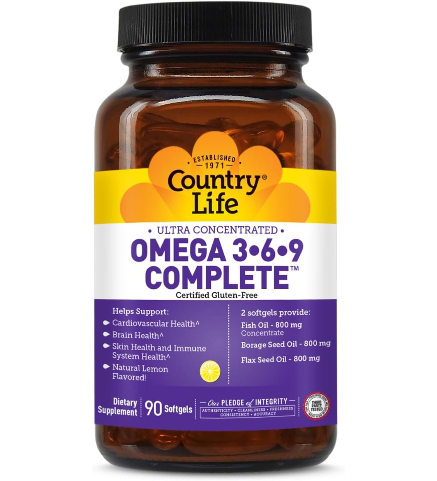 Country Life Omega 3-6-9 Complete Supplement - 1,534mg Omega Supports Cardiovascular, Brain, Skin & Immune Health - 90 Softgels - Buy Online on GoSupps.com