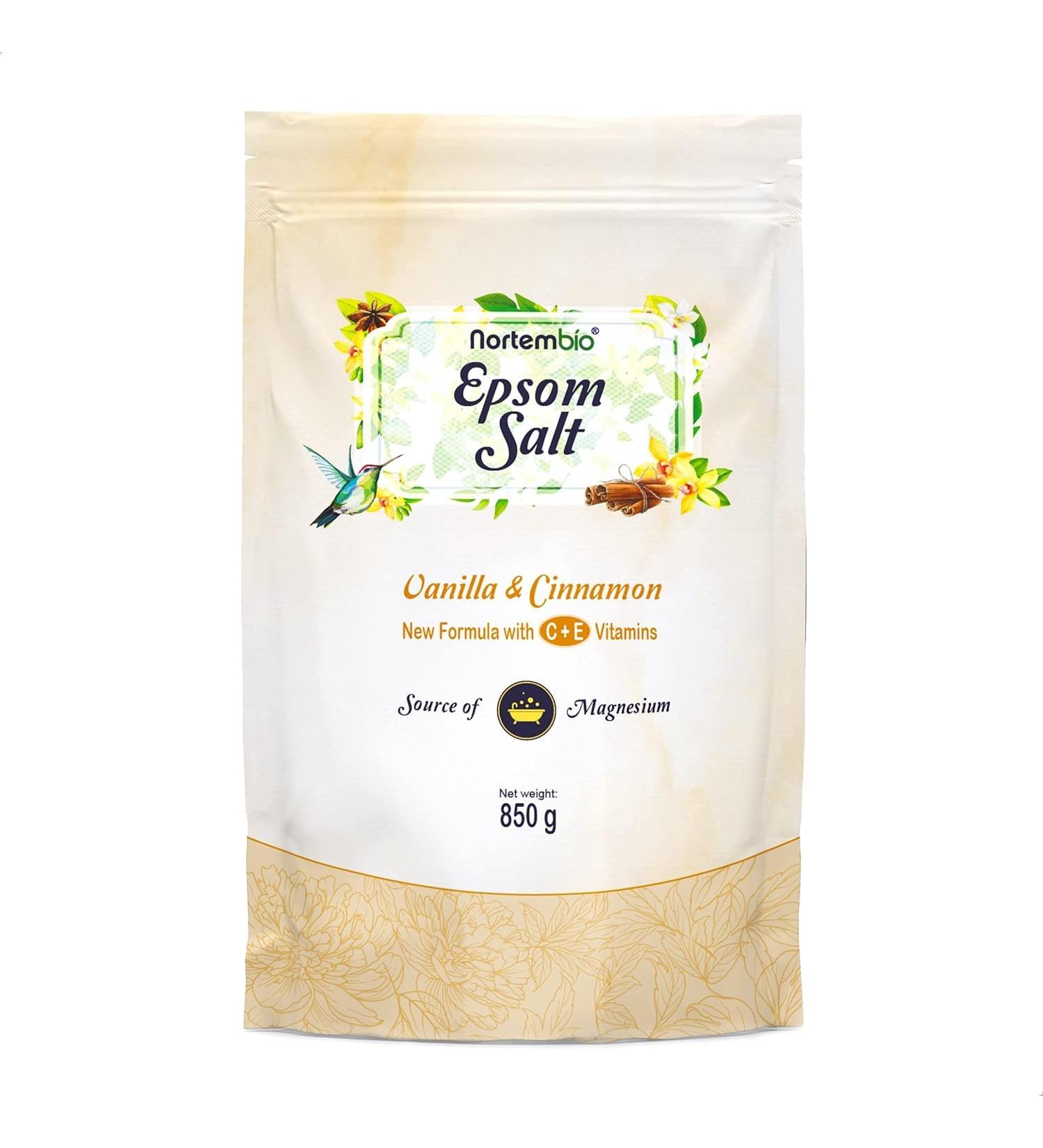 Nortembio Sels d Epsom 100% Parfum Vanille & Cannelle 850 g Source Naturelle de Magn sium | Avec Vitamines C et E Hydratantes | Pour Bains Relaxants Spa et Soin de la Peau + E-Book Gratuit Vanille et de Cannelle - Buy Online on GoSupps.com
