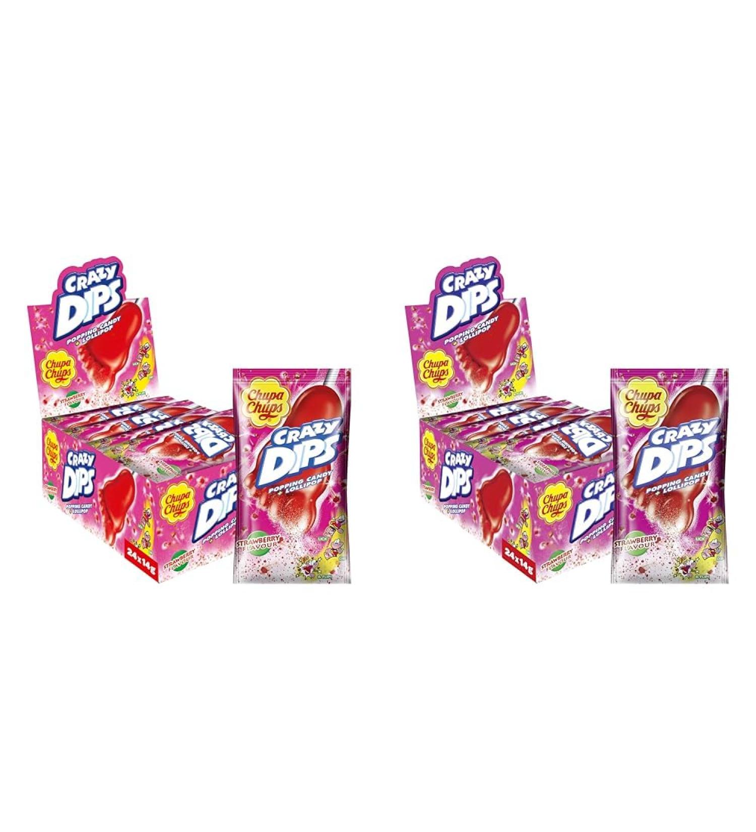 Chupa Chups Crazy Dips Strawberry - 24 Strawberry Lollipops with Crackling Effect & Shower Powder - Perfect for Christmas - Buy Online - Buy Online on GoSupps.com