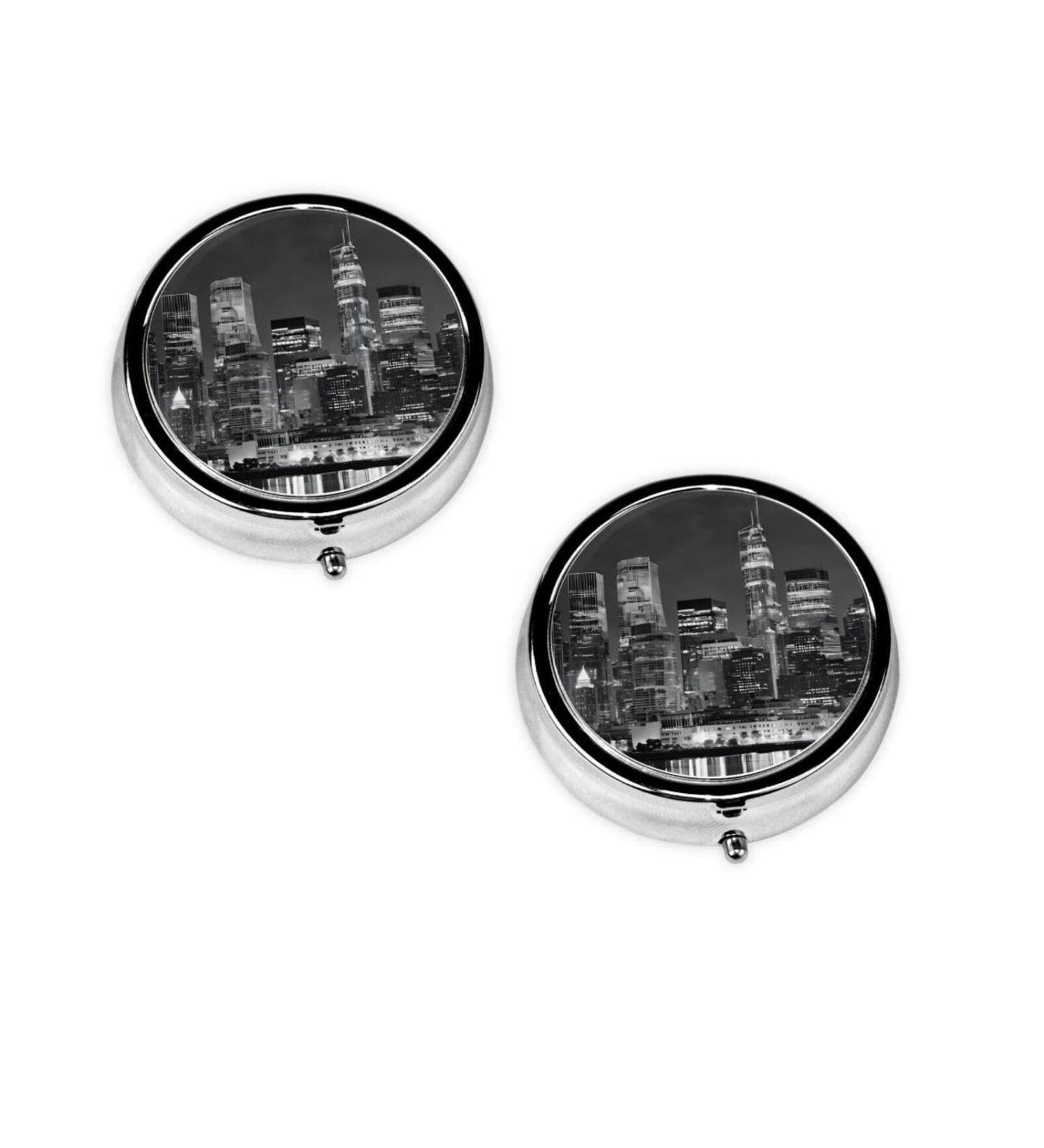 New York Paintings Round Pill Box | 3 Compartment Mini Decorative Travel Medicine Organizer - Black - Buy Online on GoSupps.com