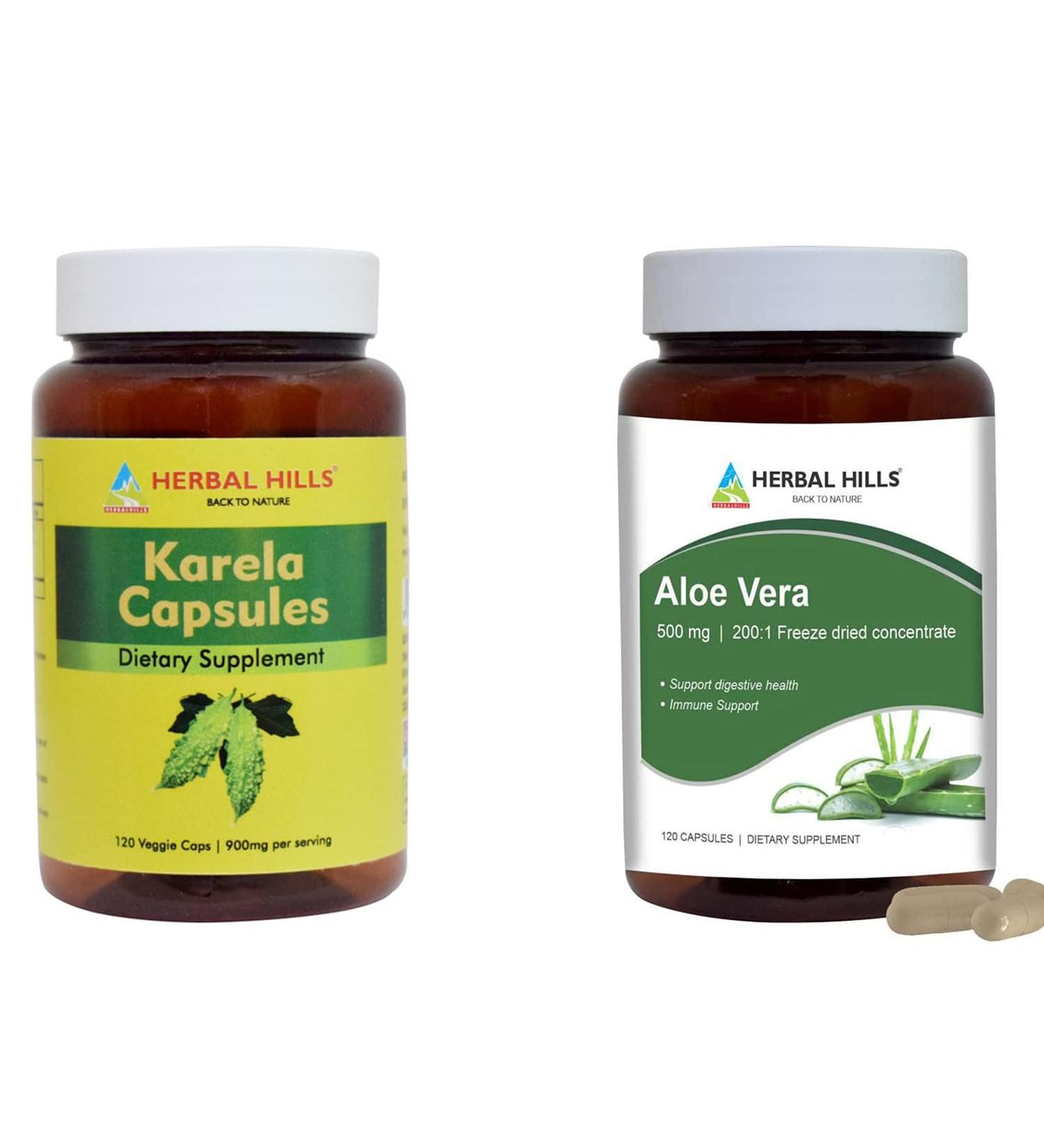 HERBAL HILLS Karela Bitter Melon Capsule and Aloe Vera Capsules Each 120 Count Combo (Pack of 2) - Buy Online on GoSupps.com