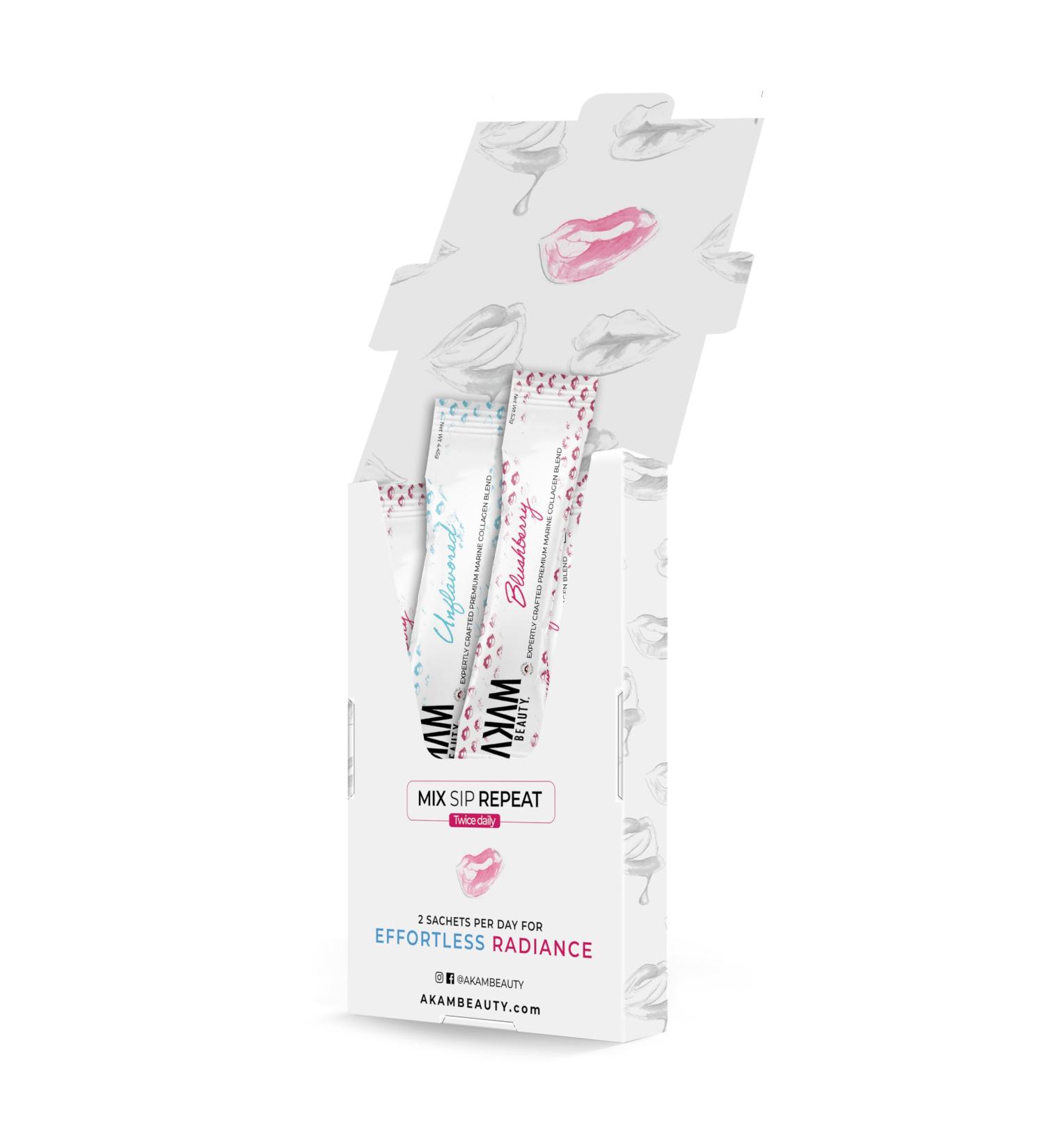 Marine Collagen Peptides Powder Type I II & III 10 Mixed Flavor Sachets (Unflavored & Blushberry) Premium Daily Support for Hair Skin Nails & Joints Ingestible Beauty by Akam - Buy Online on GoSupps.com