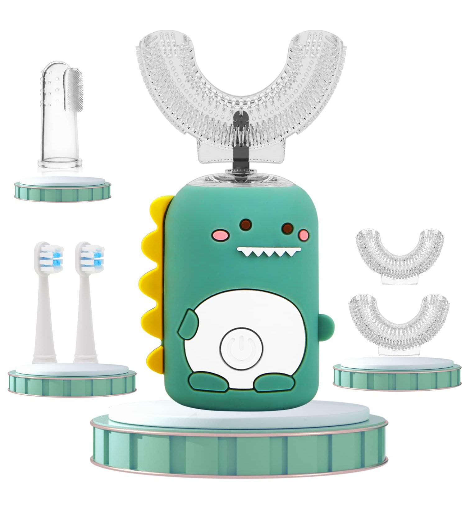 Kids Electric U-Shaped Toothbrush w/ 5 Brush Heads | IPX7 Waterproof 360 Toothbrush | Smart Reminder | 3 Clean Modes | Ultrasonic Toddler Toothbrush (Green) - Buy Online on GoSupps.com