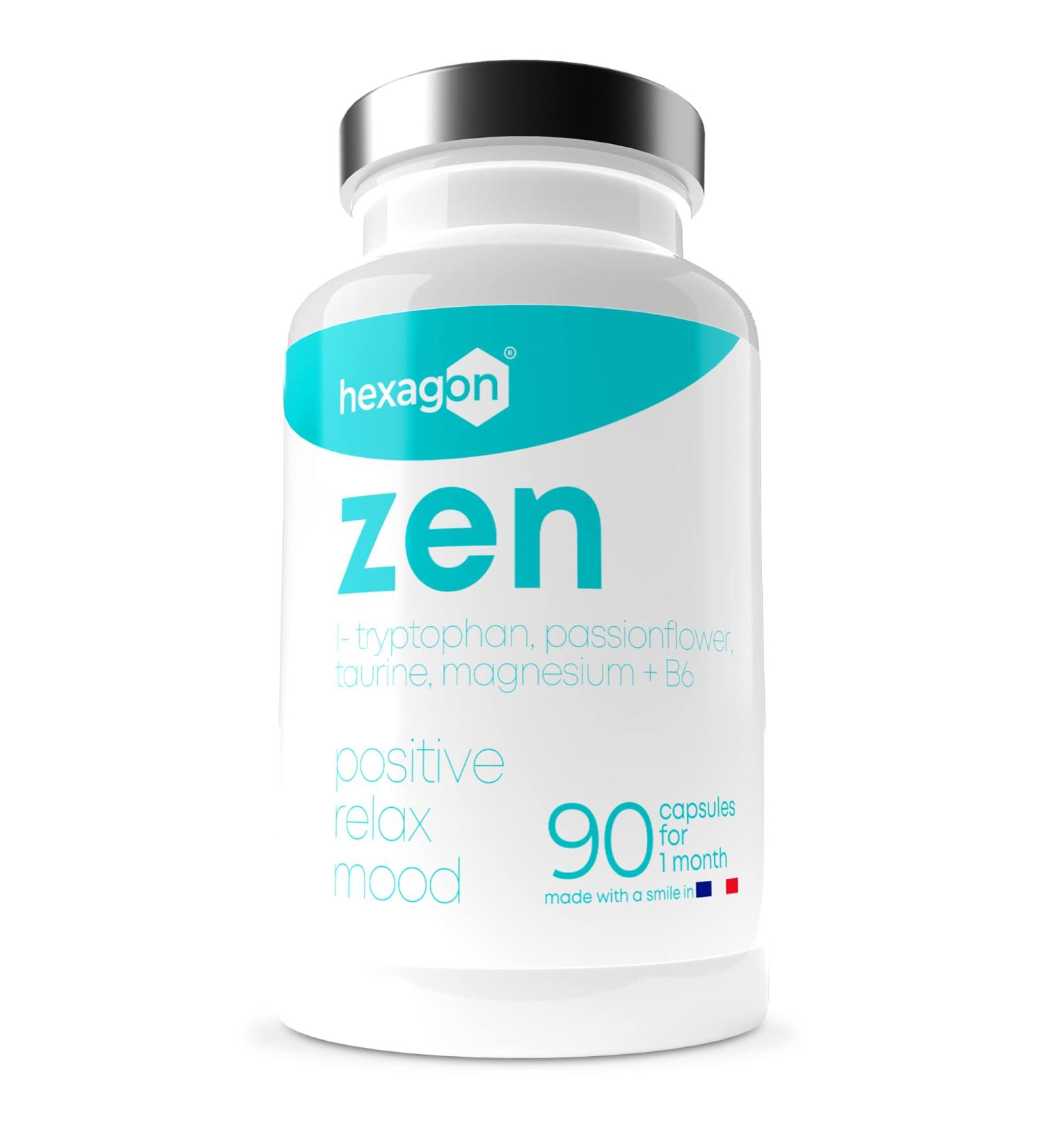Zen Anti-Stress Complex Magnesium Bisglycinate Passionflower L-Tryptophan Taurine Vitamin B6 - Promotes Relaxation - 90 Vegetable Capsules - Made in France Hexagon - Buy Online on GoSupps.com