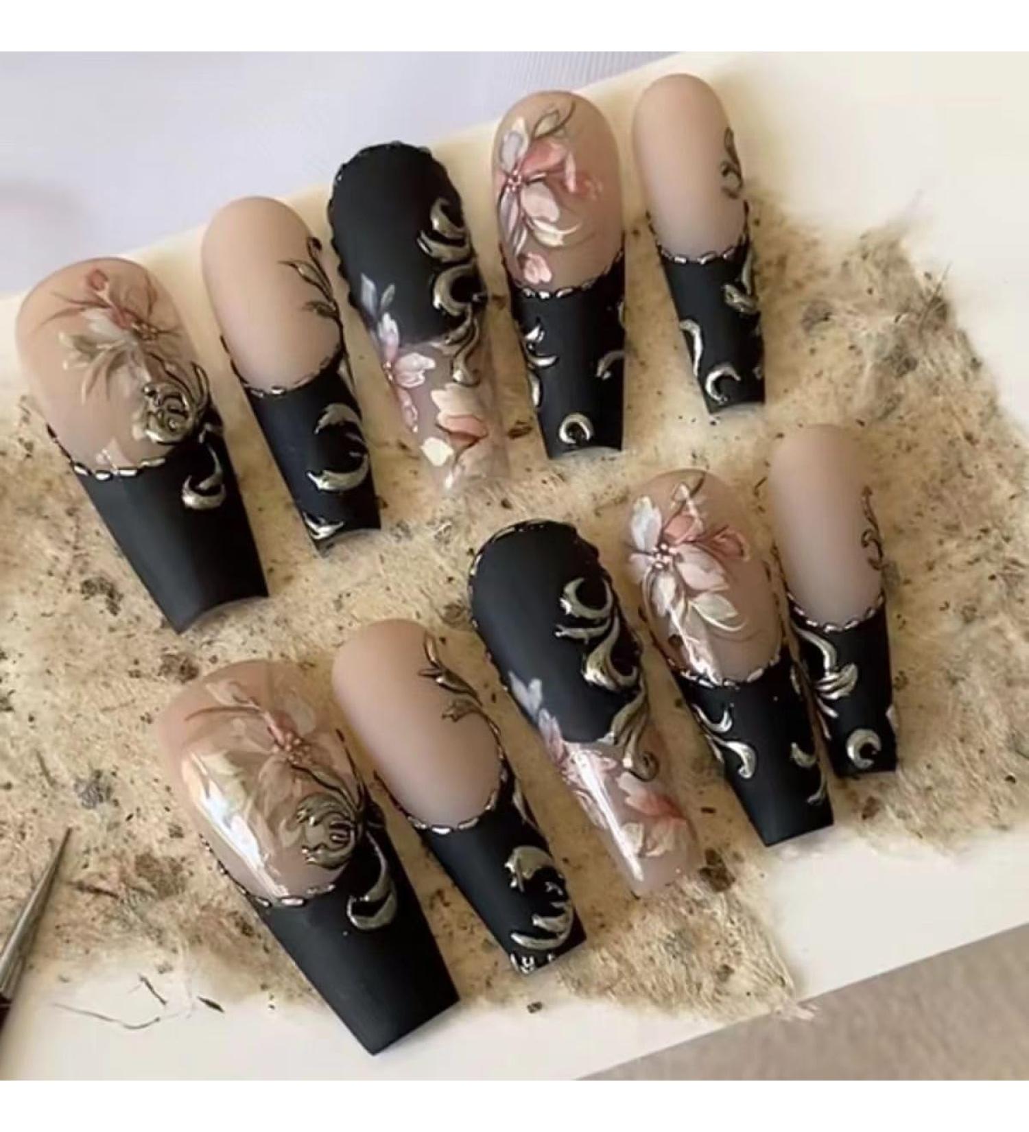 Temperament enhancement nail hand nail" embossed retro stereo nail plaster micro-carved painted wear nail style (10 pieces)(XS)