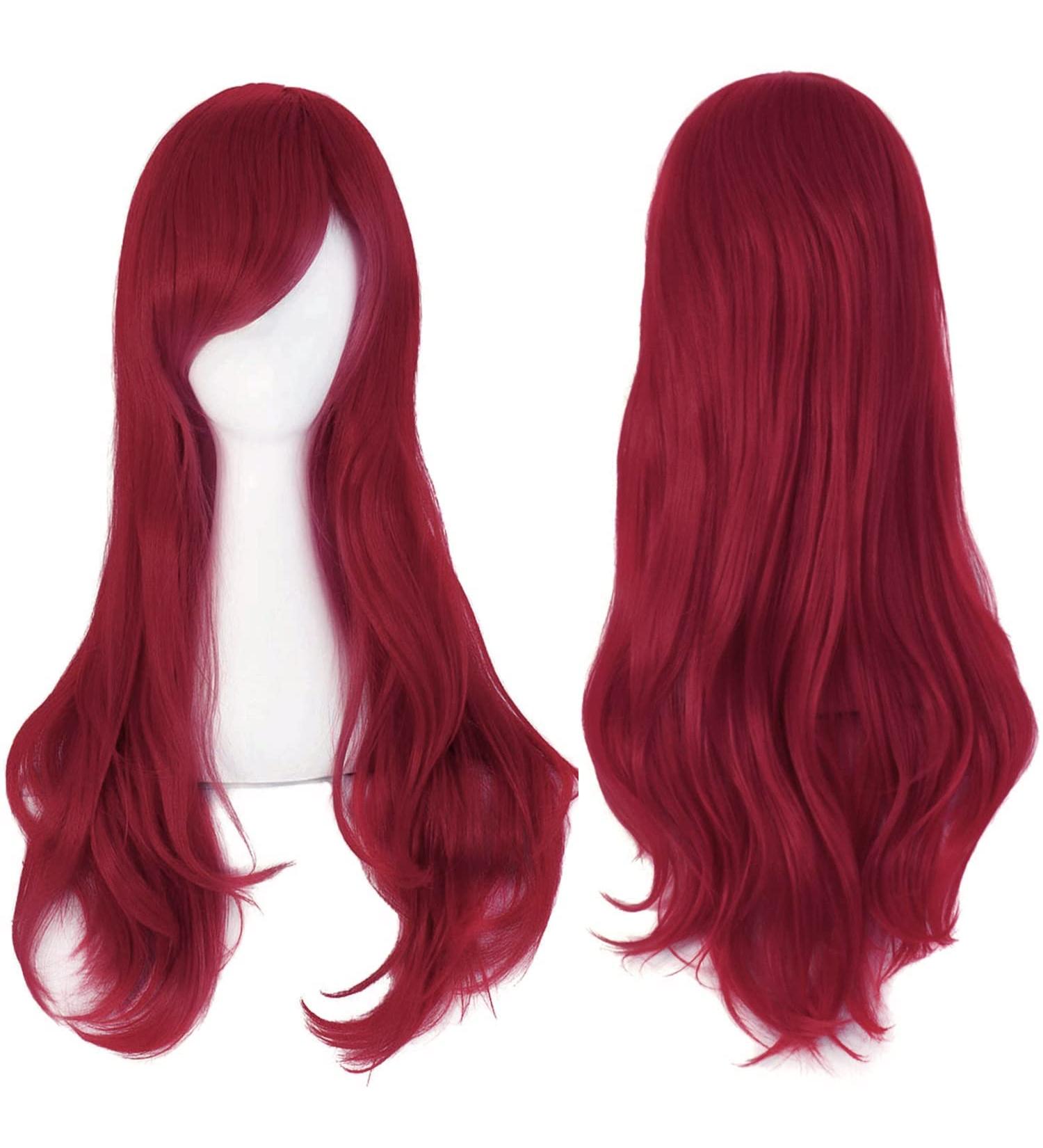 YEESHEDO Women's Dark Red Cosplay Wig 28 - Long Wavy Curly Hair with Bangs for Anime Halloween Costume - Heat Resistant Synthetic Wig - Buy Online on GoSupps.com