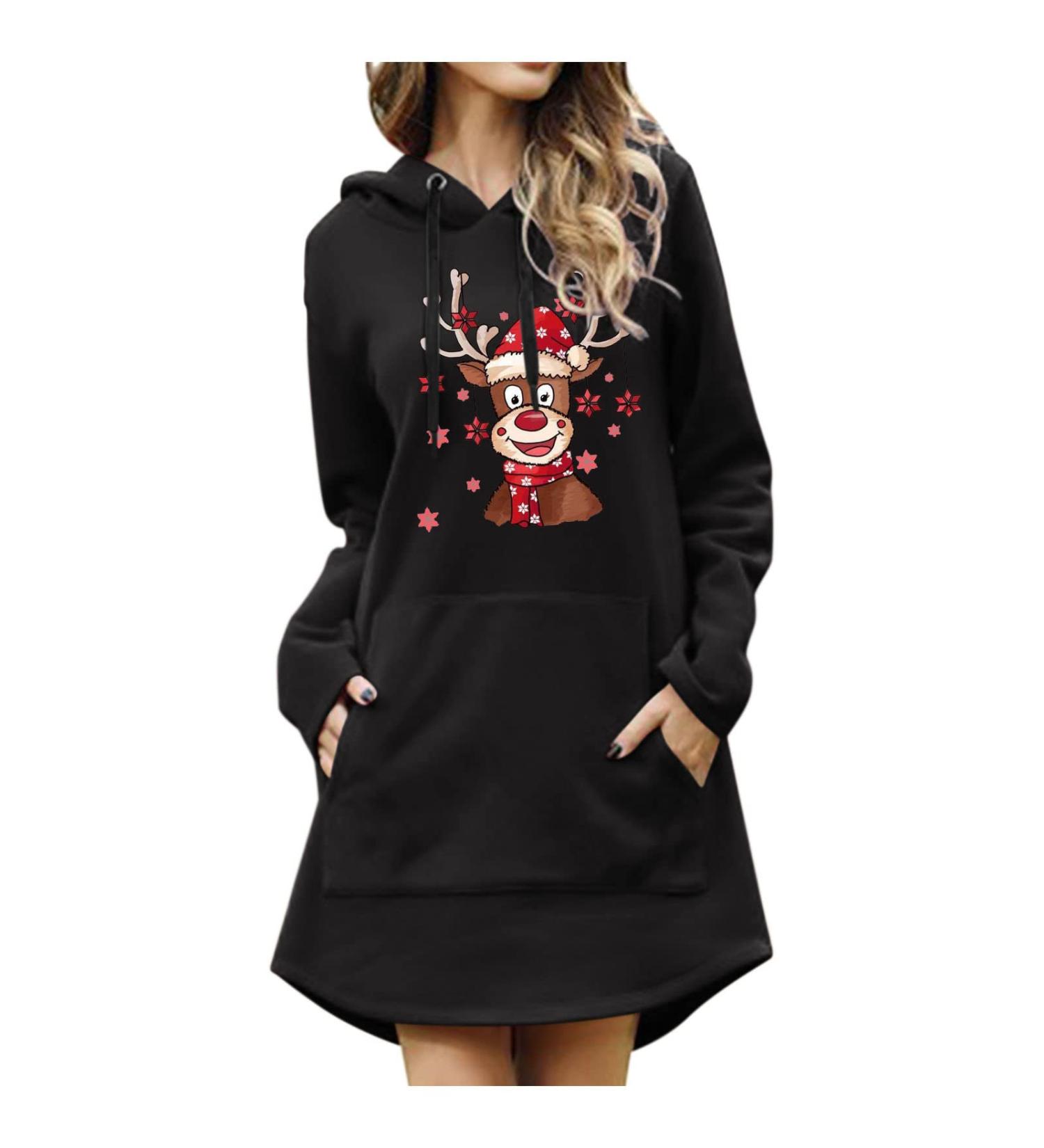 Elegant Women's Christmas Hooded Sweater Dress | Cartoon Costume Mini Dress in Black XL - Perfect for Holiday Festivities - Buy Online on GoSupps.com