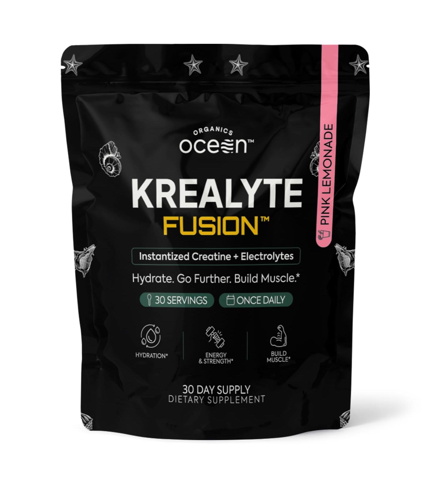 Organics Ocean Krealyte Fusion - Instantized Creatine Monohydrate Powder with Electrolytes - Muscle Strength Endurance & Hydration Support - Vegan Sugar-Free Pink Lemonade Flavor - 30 Servings 9.17 Ounce (Pack of 1) - Buy Online on GoSupps.com