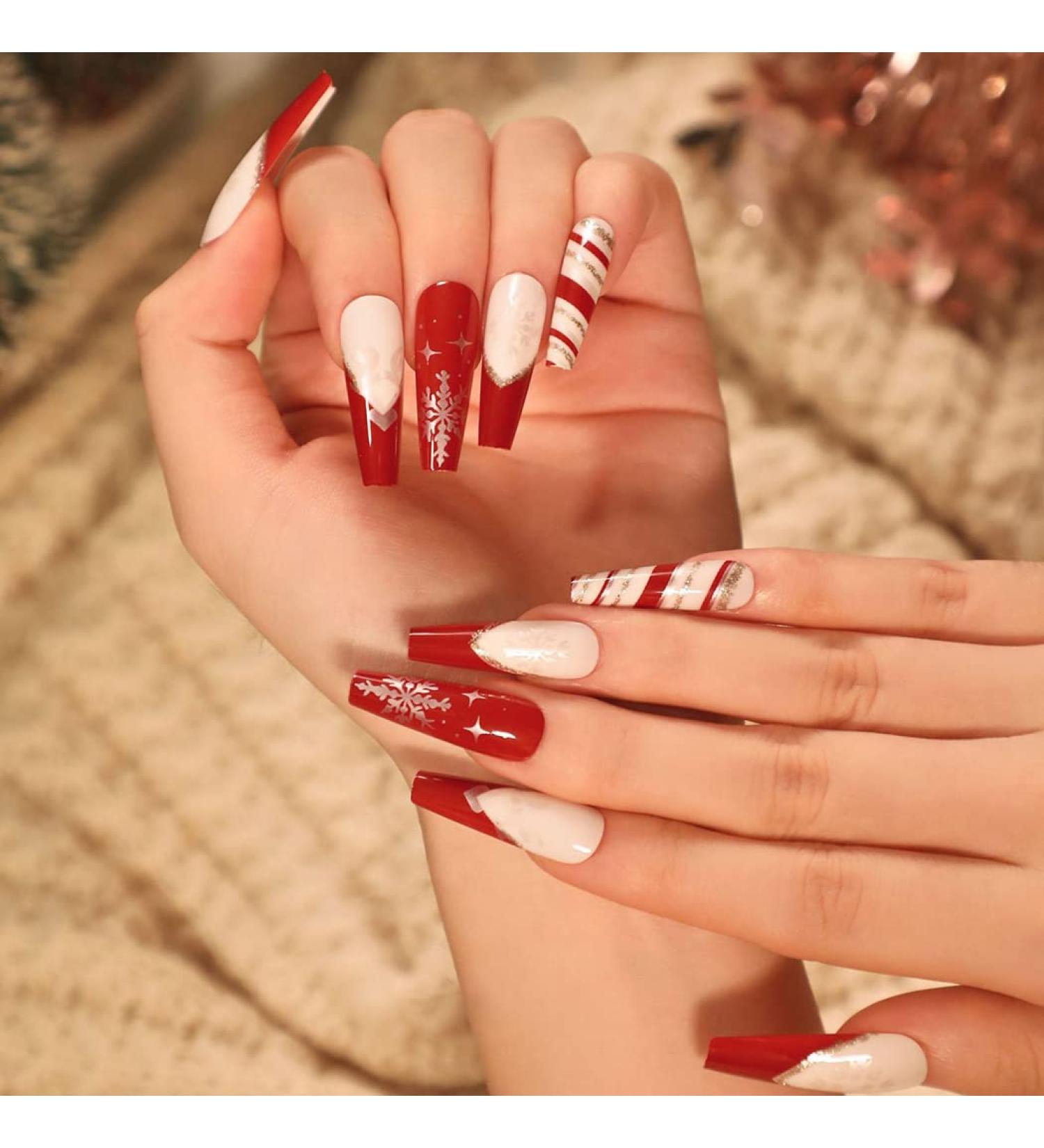 Vatocu Christmas Snowflakes Glitter False Nails - 24pcs Long Xmas Press on Nails for Women and Girls - Buy Online on GoSupps.com