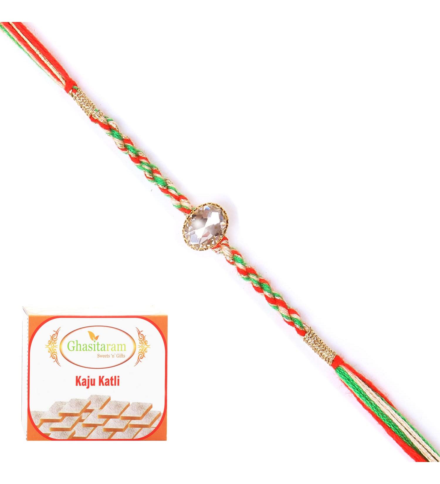 Ghasitaram Gifts Rakhi for Brother Rakhis Online - 6377 Fancy Thread Rakhi with 200 GMS of Kaju katli - Buy Online on GoSupps.com
