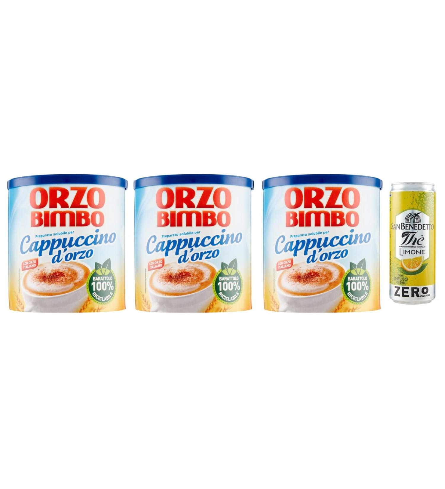 Orzo Bimbo Cappuccino D'orzo Solubile Lot de 3 cappuccino solubles d'orge - Une alternative sans caf ine 150 g + 1 sachet de th glac San Benedetto au citron sans sucre - Bo te de 330 ml - Buy Online on GoSupps.com