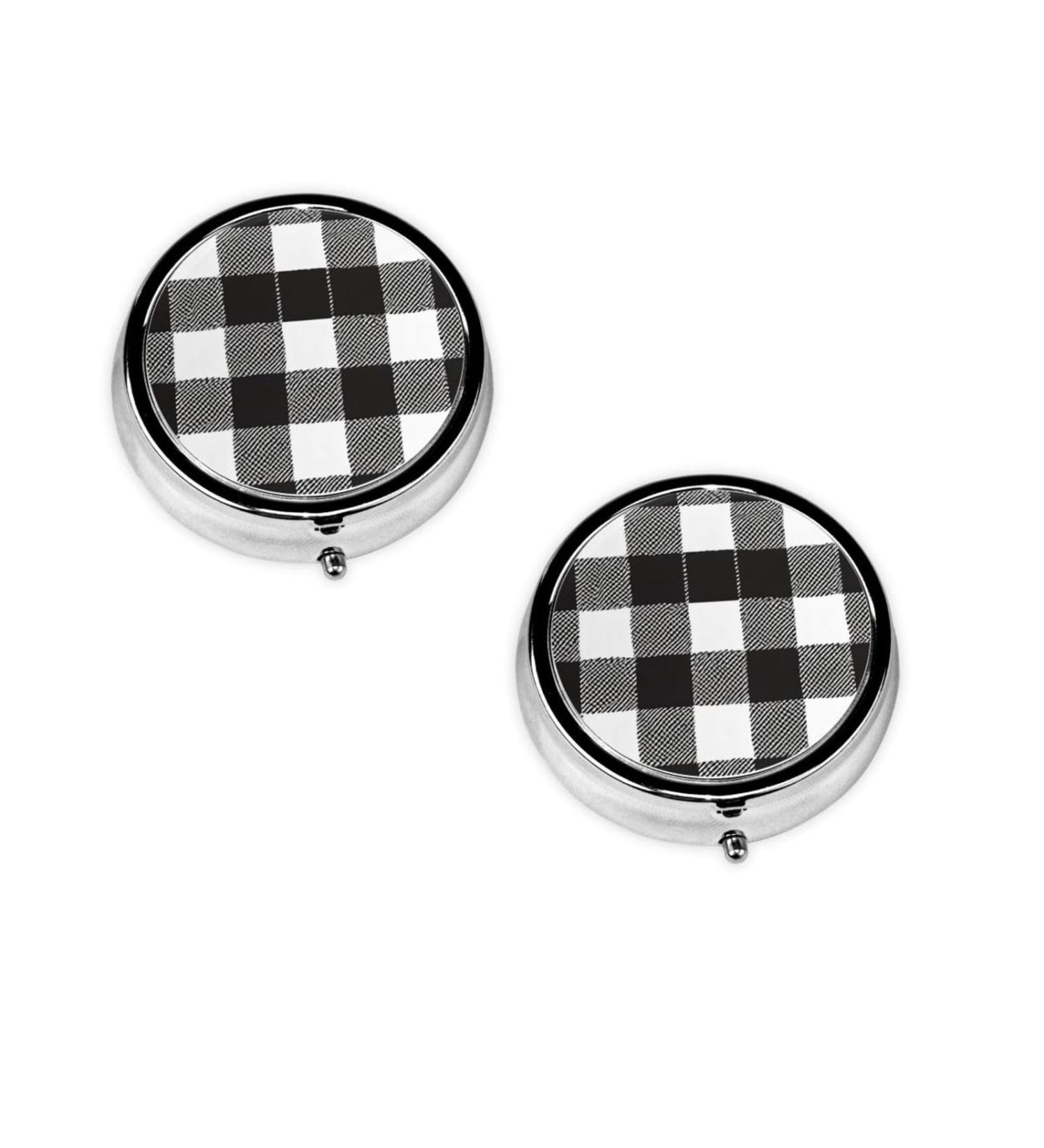 Black and White Plaid Mini Round Pill Box | 3 Compartment Travel Organizer | Portable Medicine Case for Home & Office - Buy Online on GoSupps.com