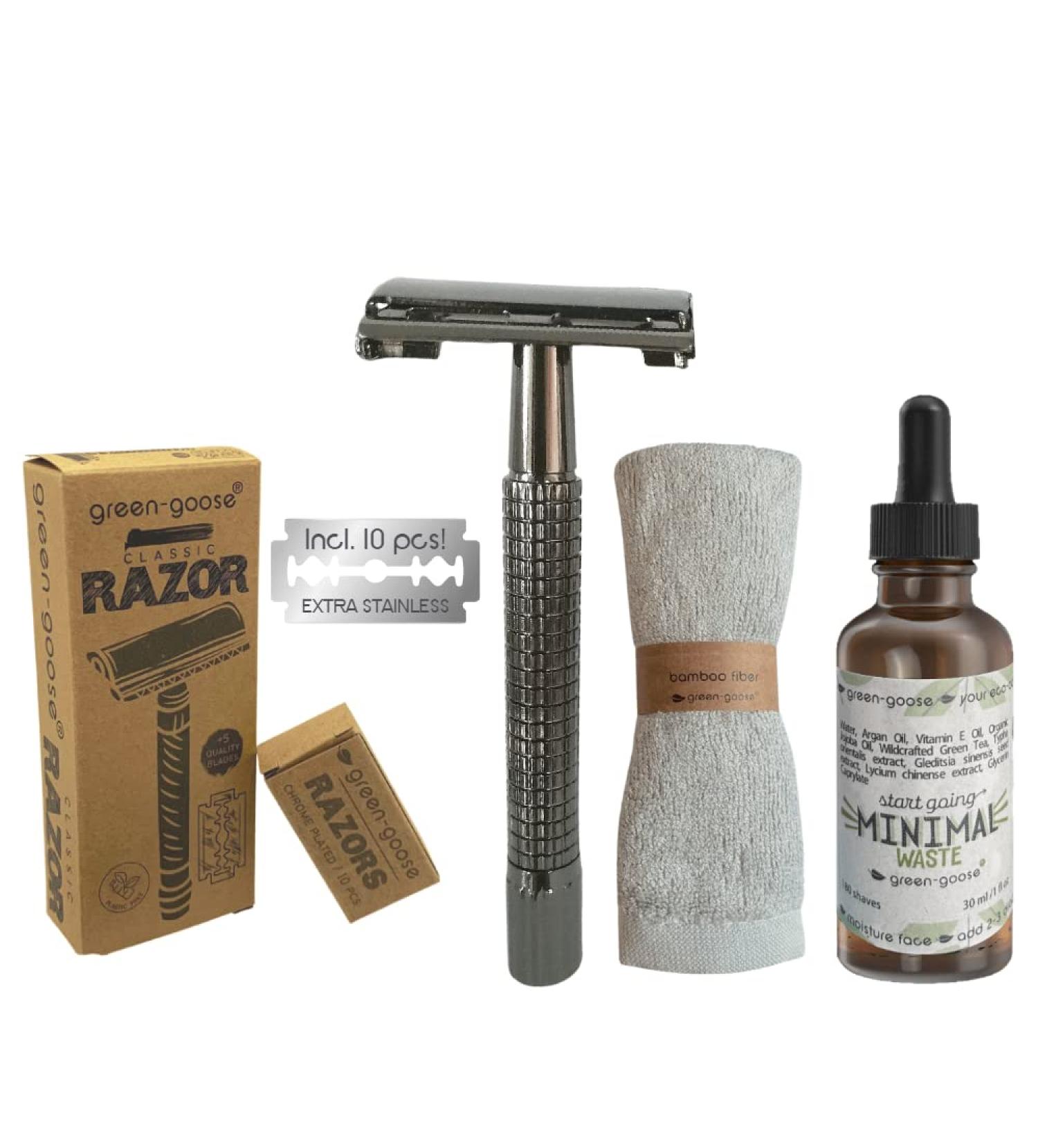 Green-Goose Shaving Set - Classic Black Razor Organic Shaving Oil Bamboo Cloth & 10 Blades | Eco-Friendly Gift for Sustainable Grooming - Buy Online on GoSupps.com