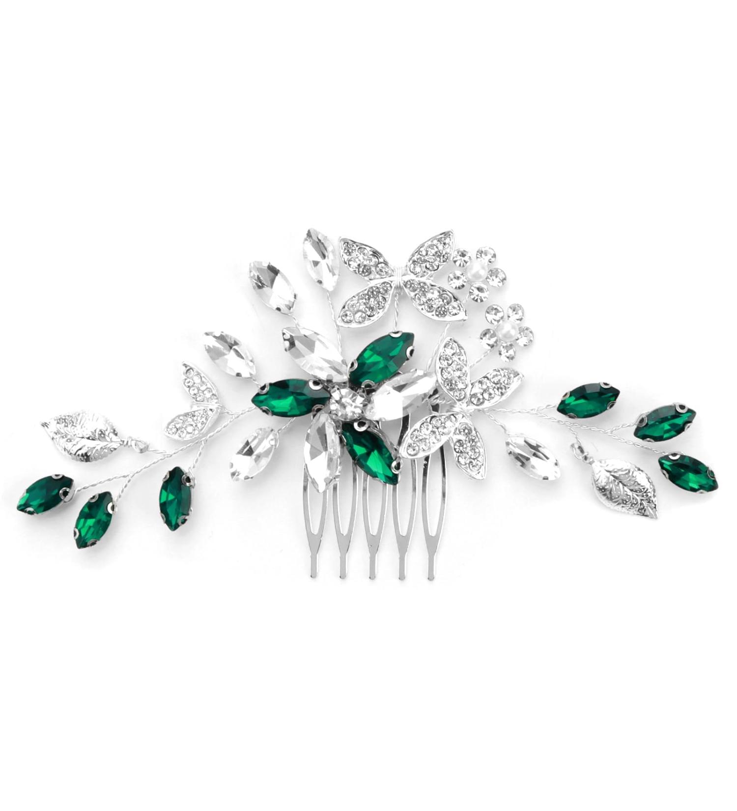 Wedding Hair Comb Sparkly Crystal Green Silver Bridal Hair Accessories for Women Prom Flower Leaf Hair Pieces Bling Pearl Diamante Clip Headpiece for Bride Bridesmaid Girls Wedding Guest - Buy Online on GoSupps.com