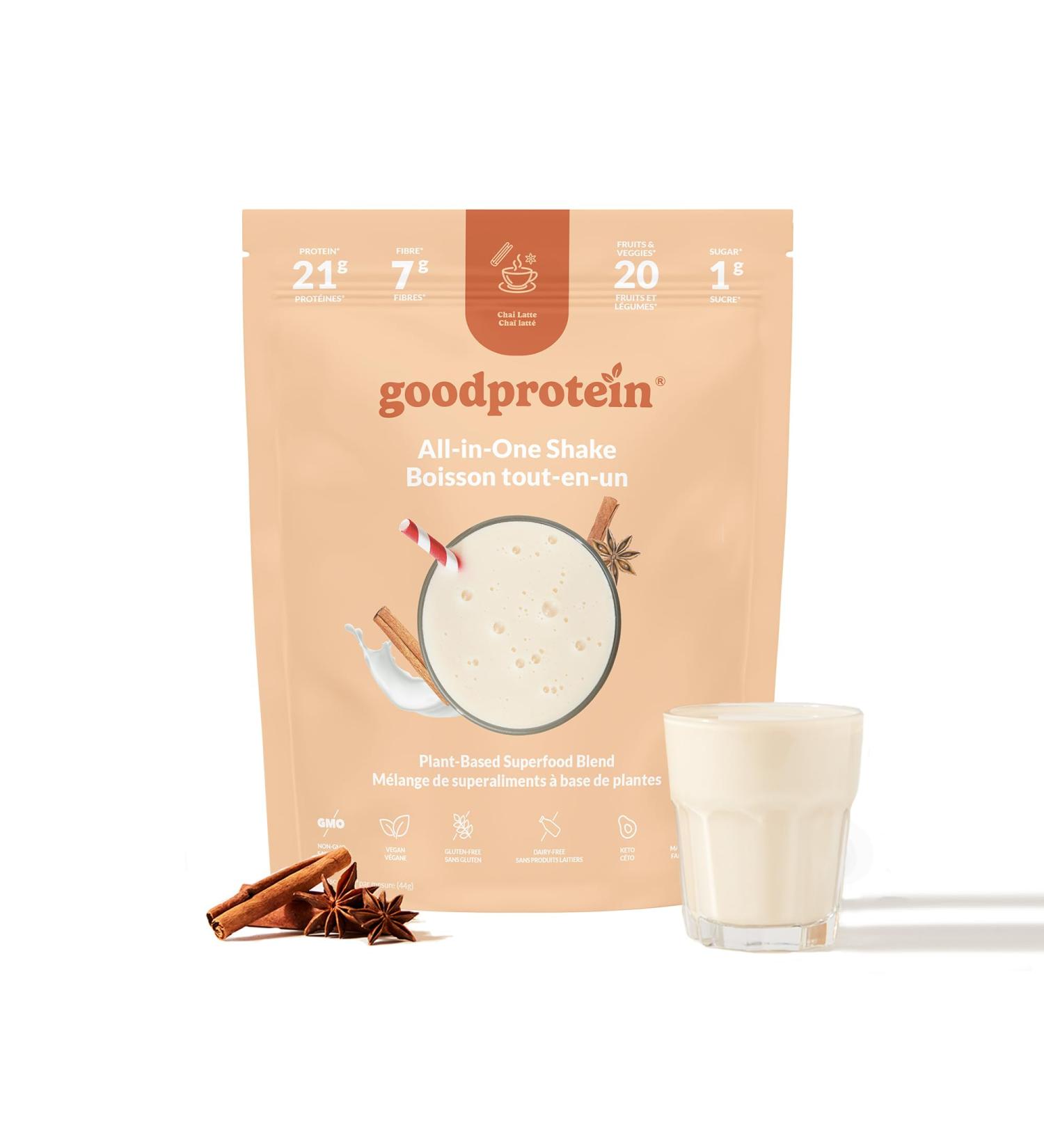Good Protein Vegan Plant-based Protein Powder 100% Natural Non-GMO Dairy-free Gluten-free Soy-free No Added Sugar and Nothing Artificial. Chai Latte All-in-One Shake 880 grams Chai Latte 880 g - Buy Online on GoSupps.com