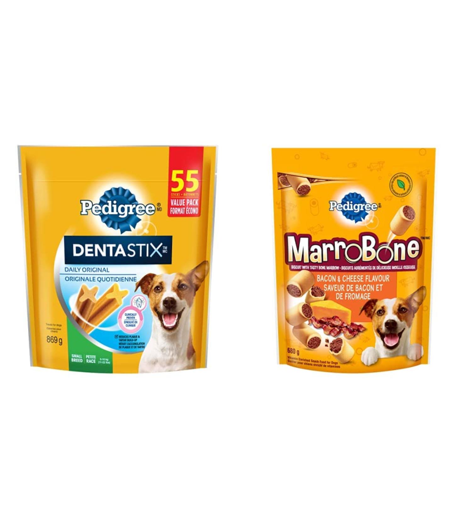 PEDIGREE DENTASTIX Dog Treats for Small Dogs (Original 55 Sticks) + PEDIGREE MARROBONE Dog Treats (Bacon & Cheese 680g)