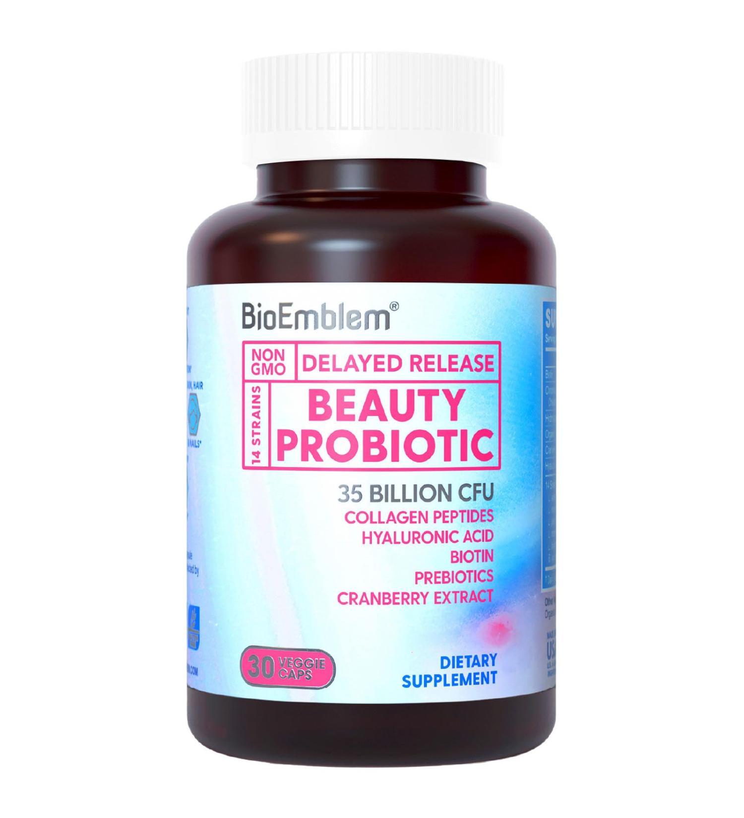 BioEmblem Beauty Probiotics for Women 35 Billion CFU 14 Strains with Biotin Collagen Prebiotics for Digestive Health Hair Skin and Nails Vaginal Probiotics Supplement Shelf Stable 30 Caps 30 Capsules - Buy Online on GoSupps.com