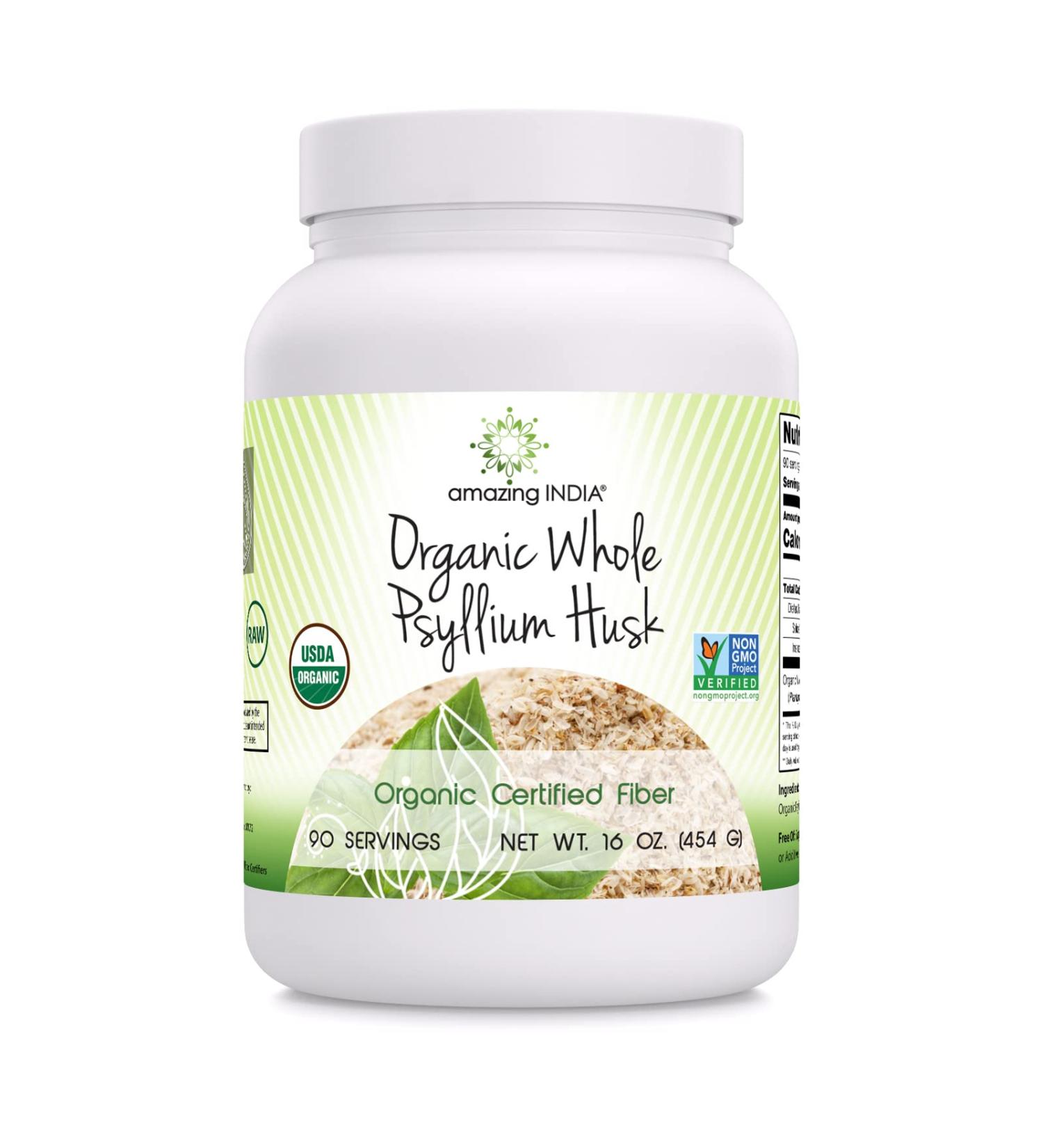Amazing India USDA Certified Organic Whole Psyllium Husk 16 oz Powder - Non-GMO Gluten Free - High Soluble Fiber - Promotes Regularity - Buy Online on GoSupps.com