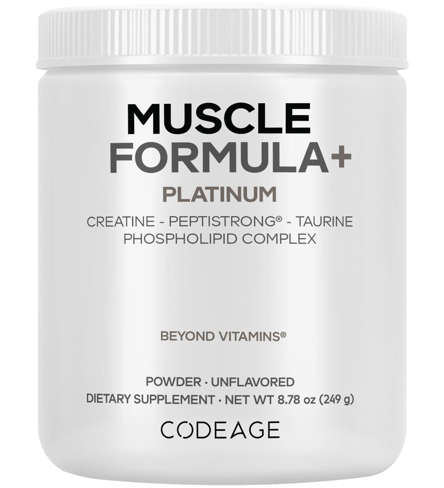 Codeage Muscle Formula+ Platinum Supplement - Creatine Monohydrate PeptiStrong Fava Bean Protein Hydrolysate Taurine Vitamin D3 Liposomal Delivery - Non-GMO - Unflavored Protein Powder - 8.78 Oz - Buy Online on GoSupps.com