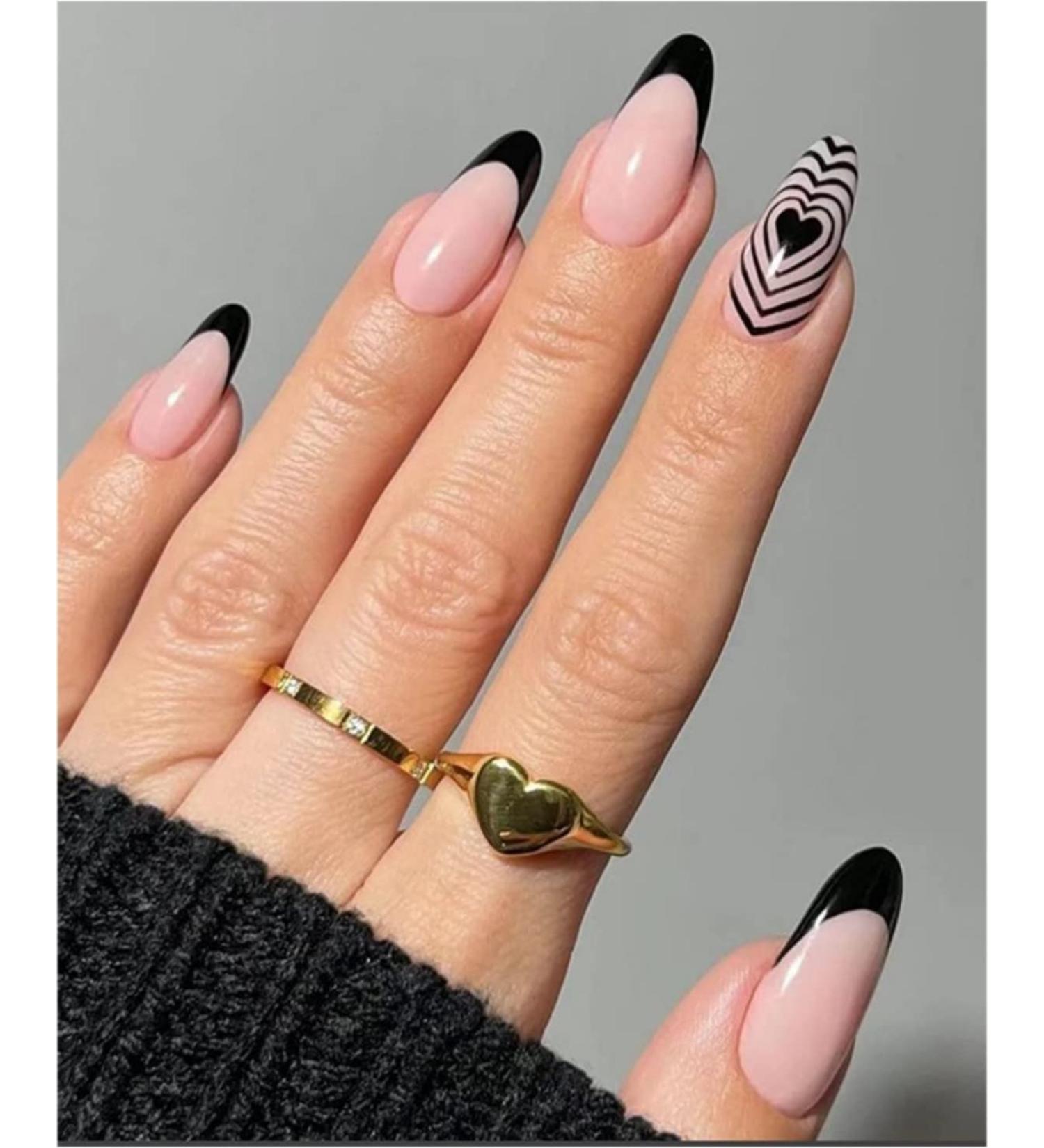 24 Pcs Heart Oval False Nails Short Black French Press on Nails - Funky Nude Fake Nails with Nail Glue - Almond Stick on Nails for Women - Nail Art Essential - Buy Online on GoSupps.com