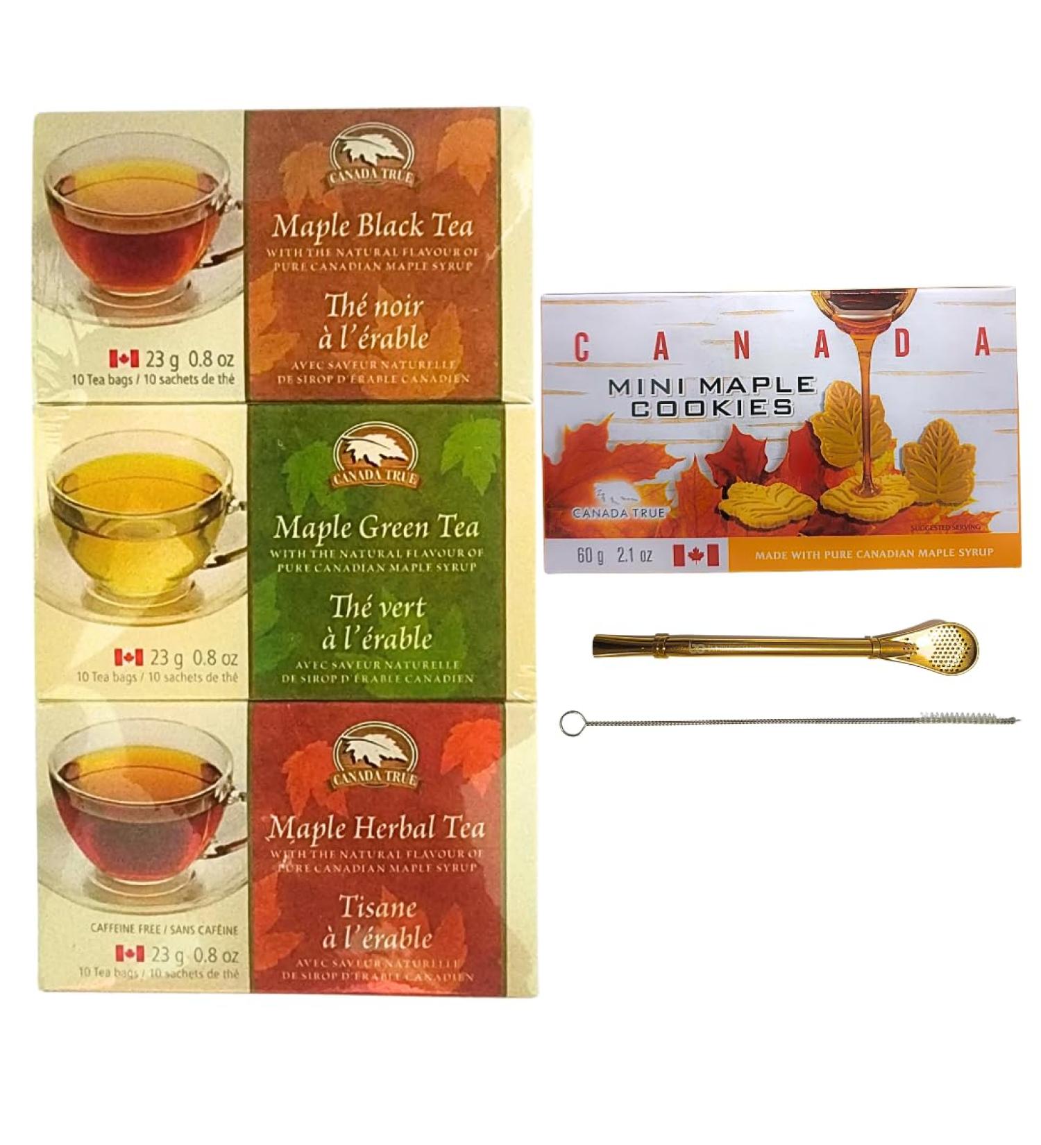 Bundles Central Tea Gift Set - Canada True Assorted Maple Tea Box (Black Green Herbal Rooibos - 23g x 3) Bundle with Mini Maple Cookies (60g) with Multifunction Metal Straw Spoon and Cleaning Brush - Buy Online on GoSupps.com