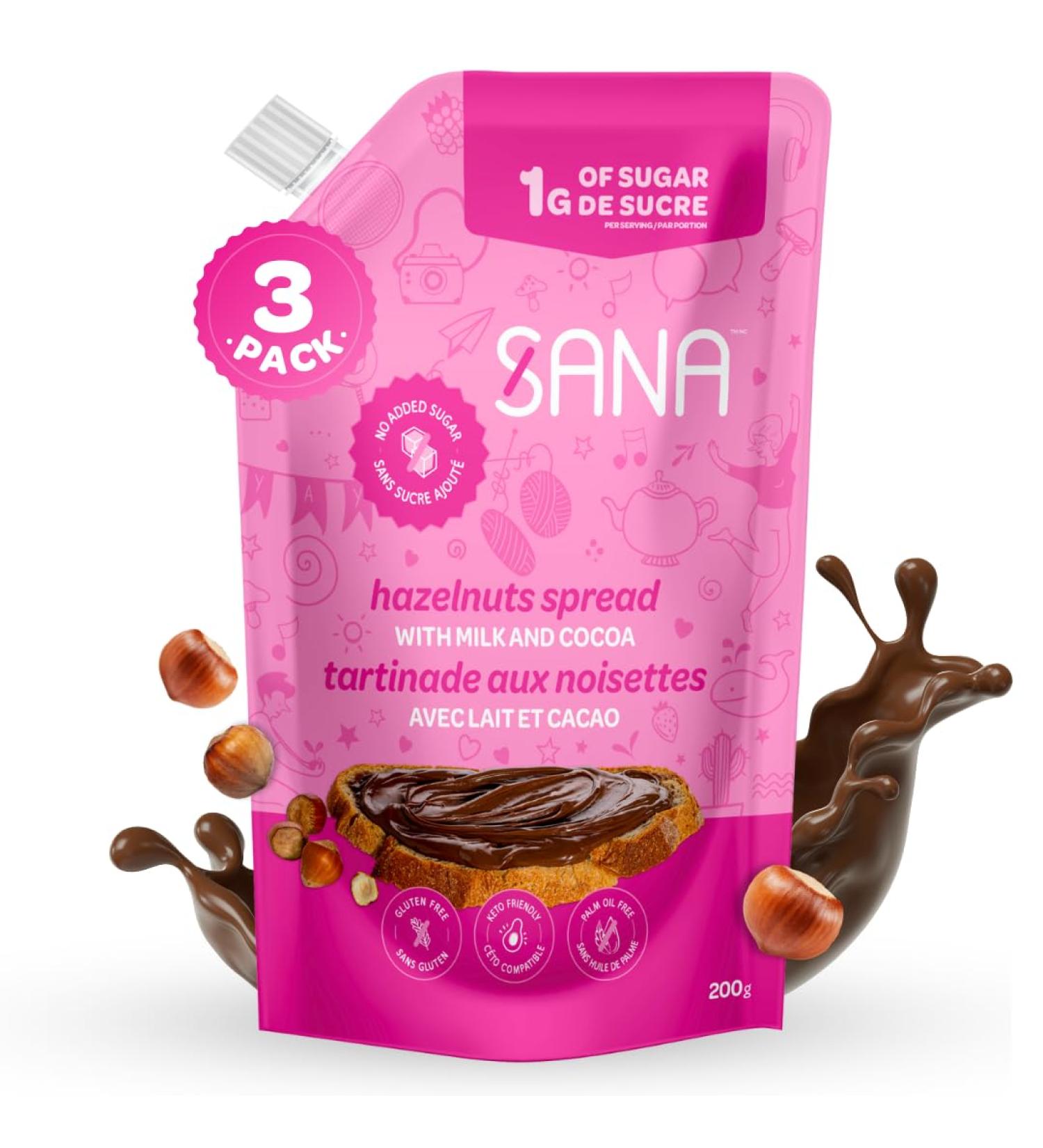 Sana Hazelnut Spread with Milk & Cocoa Low Sugar (1gr) No Added Sugar | 3 Pack x 200g | Chocolate Spread Keto-Friendly Gluten-Free Palm Oil Free Hazelnut Milk Cocoa 3x200g - Buy Online on GoSupps.com