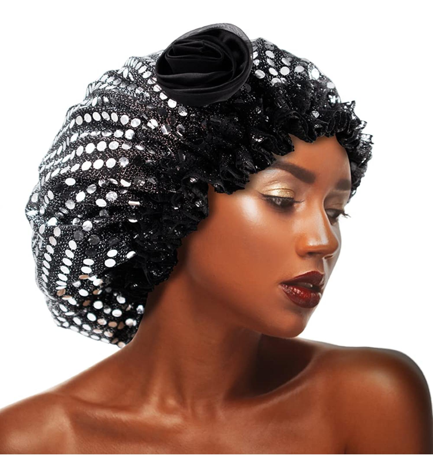 Satin Sequin Flower Sleep Cap for Braids, Weaves, Dreadlocks - Large Size, Double Layer - Black/Silver - Buy Online on GoSupps.com