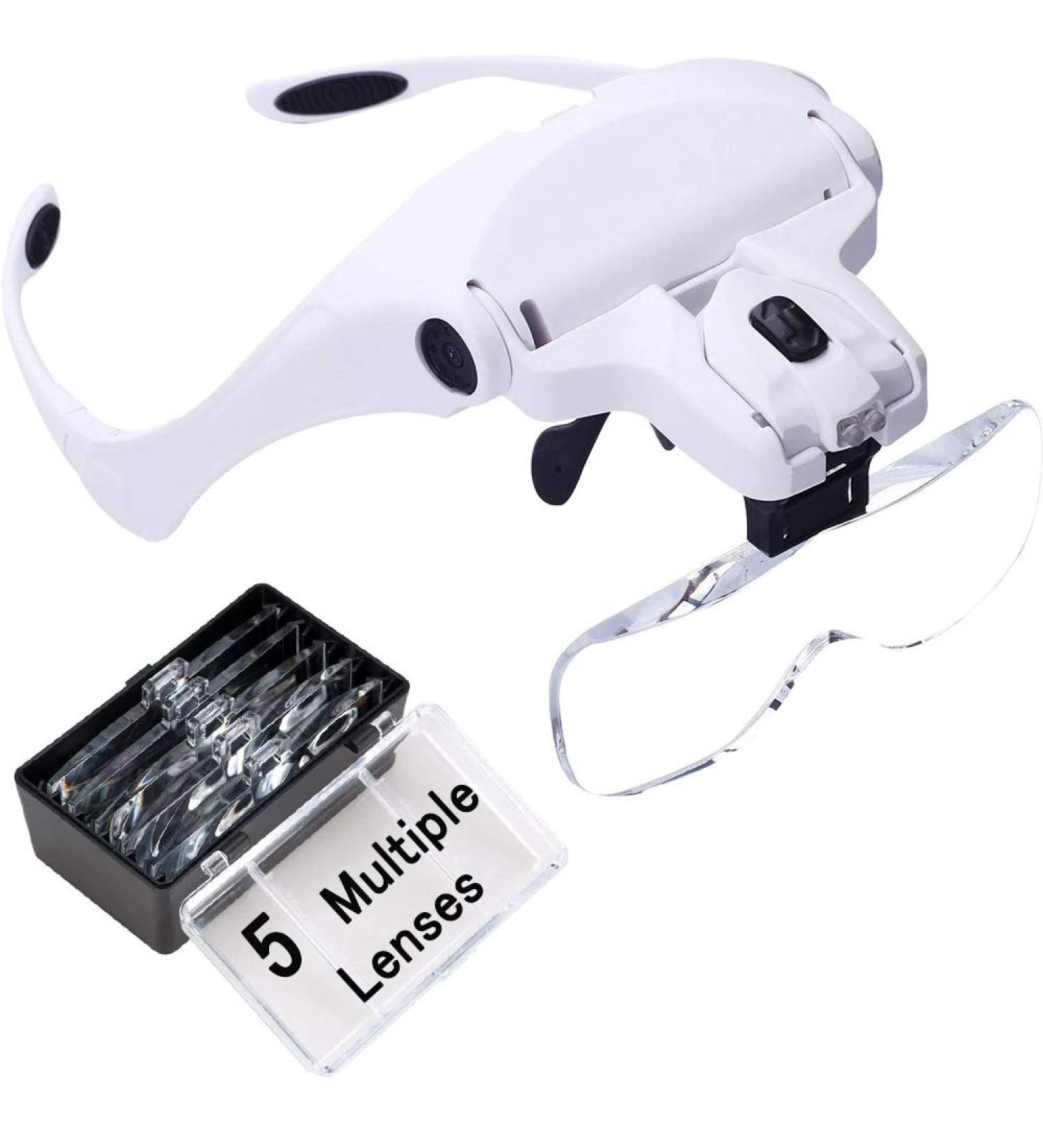 Headband Magnifier Glasses - 5 Replaceable Lenses 1.0X 1.5X 2.0X 2.5X 3.5X - magnifying glass with light Hands Free Head Worn Lighted Magnifying Glasses for Reading Jewelry Loupe Watch & Electronic Repair - Buy Online on GoSupps.com