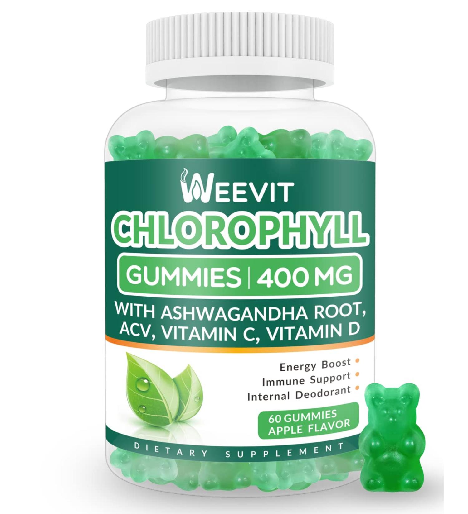 Organic Chlorophyll Gummies with Ashwagandha, ACV, Vitamin C & D - 60 Count | Energy Boost, Immune Support & Internal Deodorant for Men & Women - Buy Online on GoSupps.com