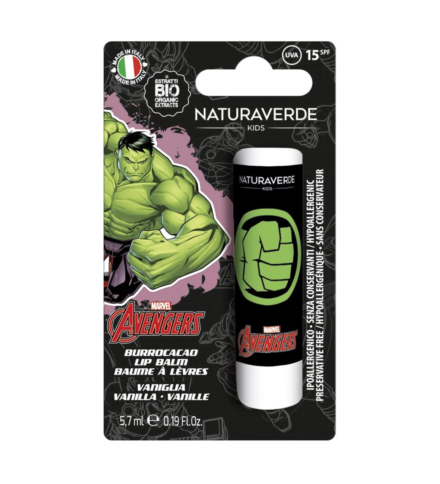 Naturaverde | Kids - Disney Marvel Avengers - Burrocacao Hulk vanilla Cocoa butter for children with organic shea butter with UVA-UVB filters - SPF 15 Lipstick 5.7 ml - Buy Online on GoSupps.com