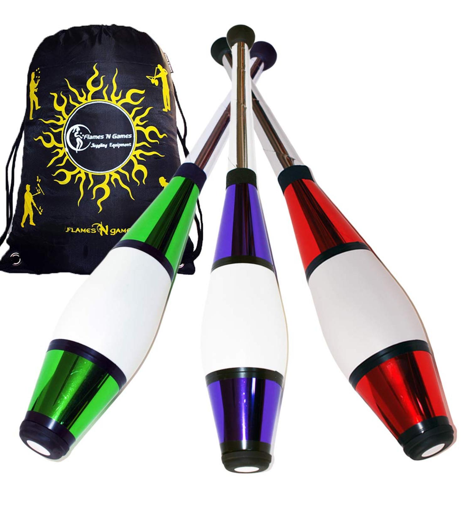 Juggle Dream Euro Pro Jonglierkulen 3-Set (Grun/Lila/Red) Jonglier Keulen Training Set + Flames N Games Travel bag!Large club juggling set for children & adults!Grun/violet/red