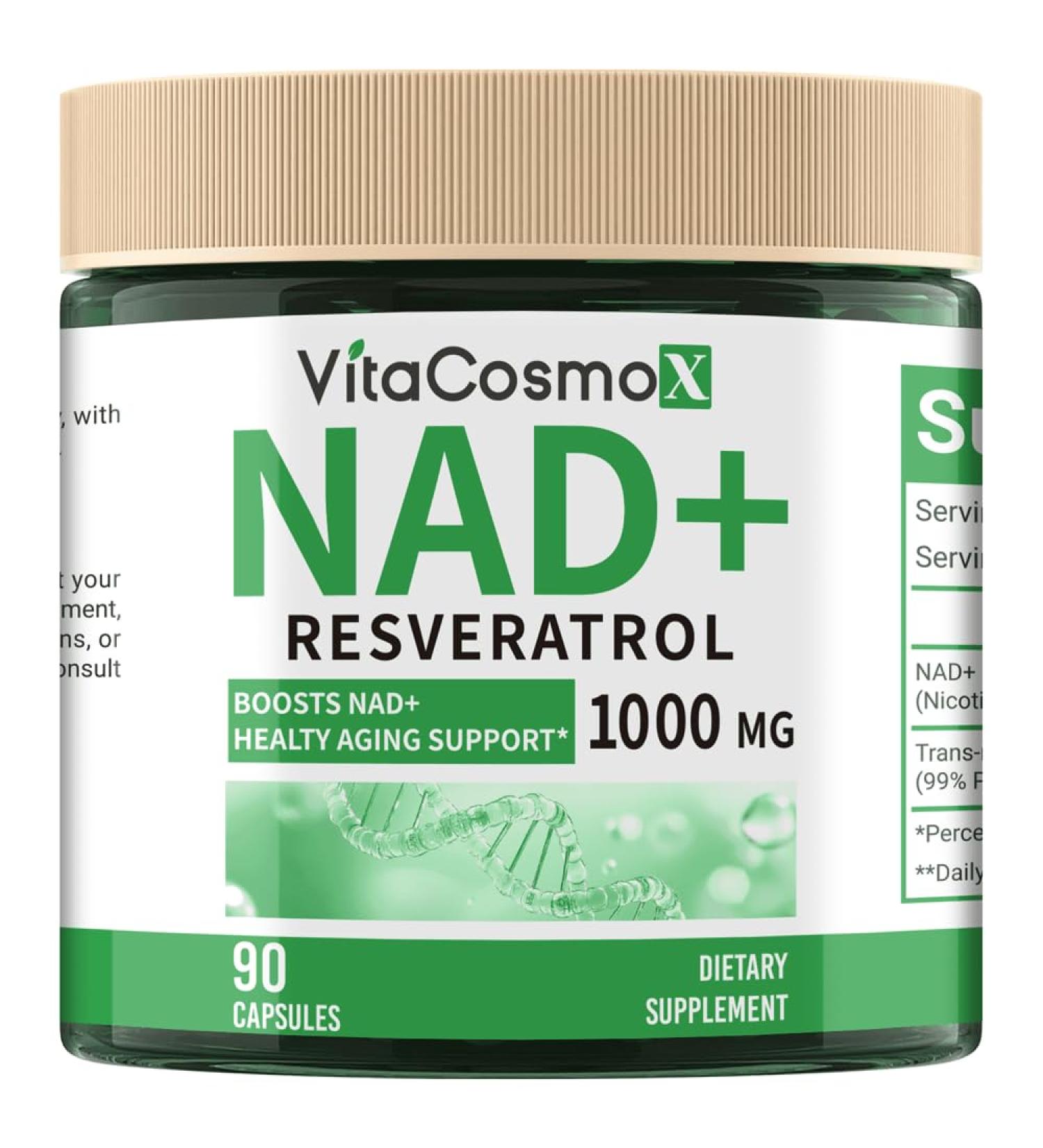 VitaCosmoX NAD+ with Resveratrol Similar to Nicotinamide Riboside Supplement 1000 mg 90 Capsules Vegan Non-GMO - Buy Online on GoSupps.com