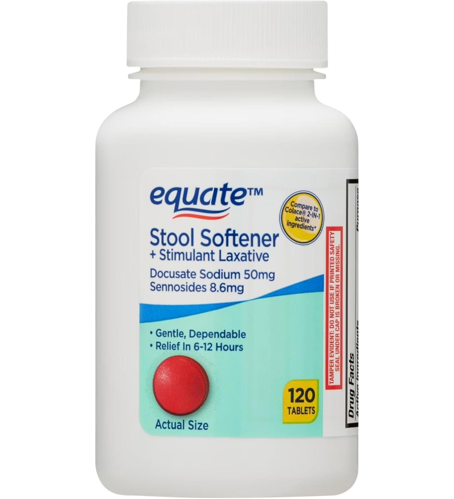 Equate Stool Softener Plus Stimulant Laxative Tablets Docusate Sodium 50 mg & Sennosides 8.6 mg Gentle Constipation Relief 120 Count
