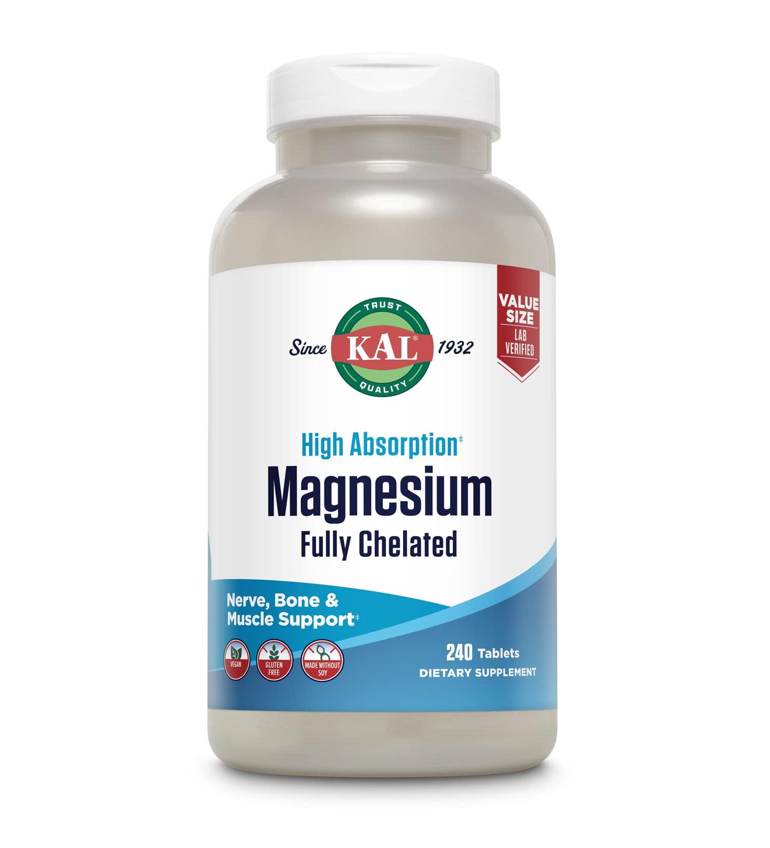 KAL Magnesium Glycinate Tablets 240ct - High Absorption Formula for Nerve, Muscle & Bone Health - Vegan & Gluten Free - Buy Online on GoSupps.com