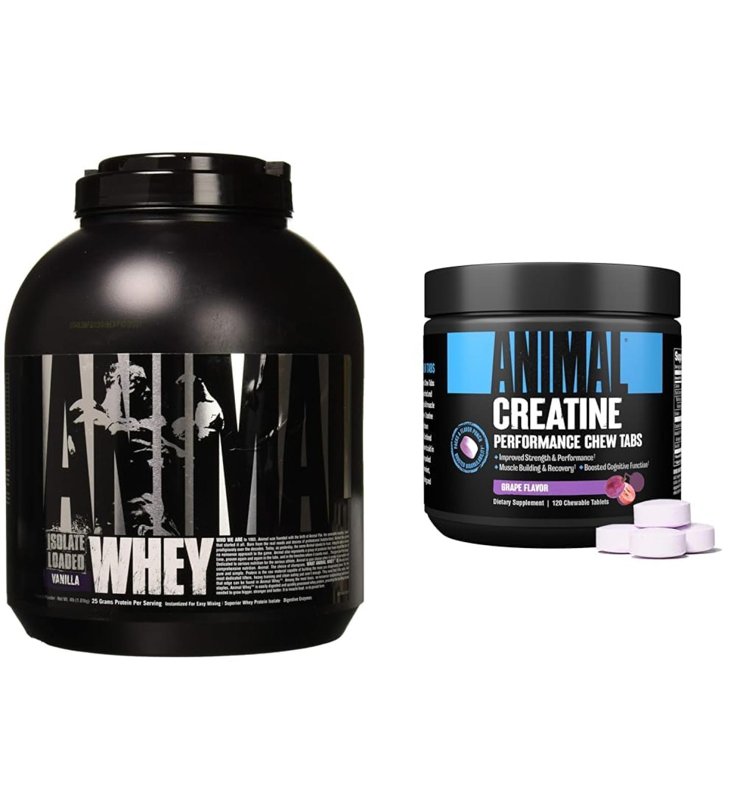 Animal Whey Isolate Whey Protein Powder Isolate Loaded for Post Workout and Recovery & Creatine Chews Tablets - Enhanced Creatine Monohydrate with AstraGin to Improve Absorption - Buy Online on GoSupps.com