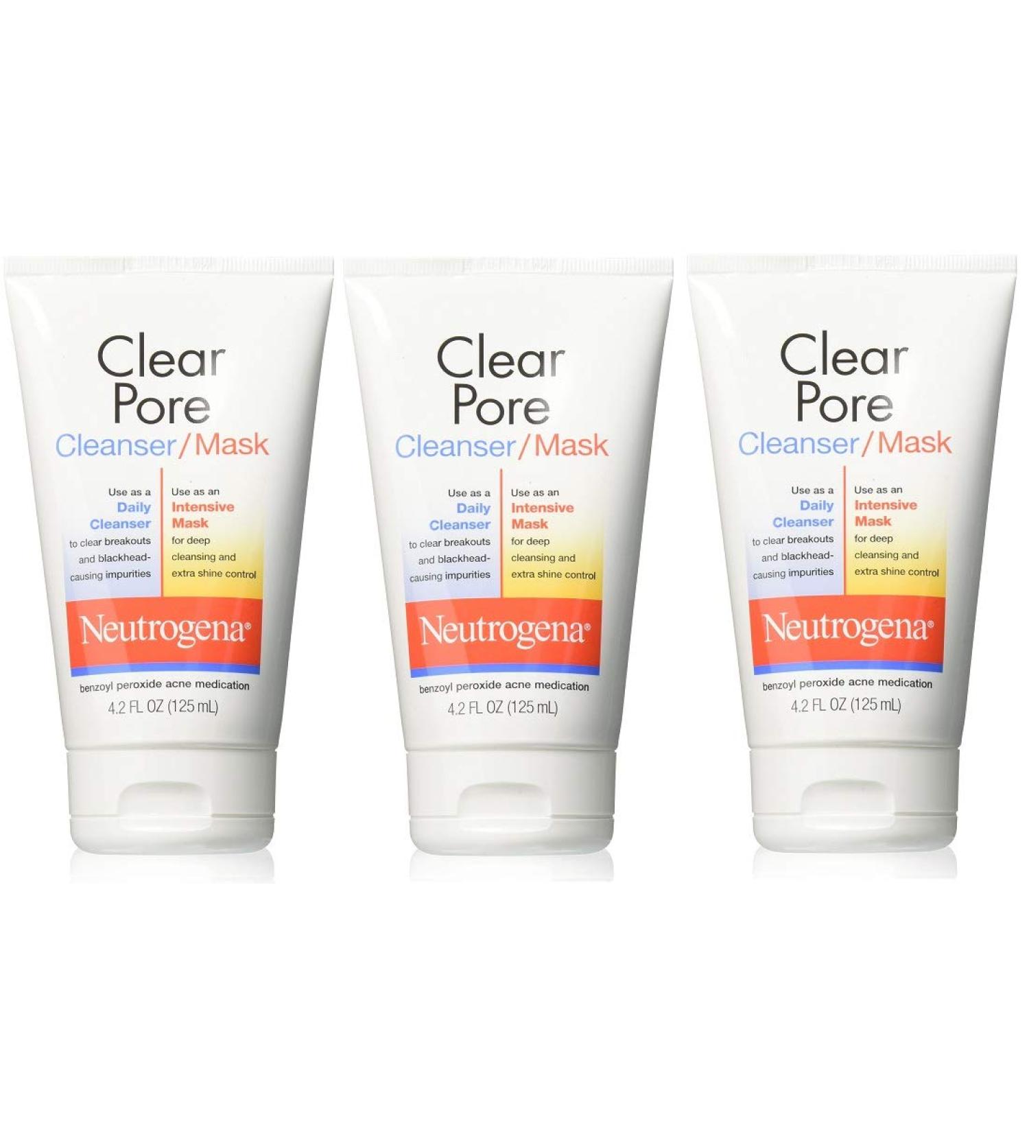 Neutrogena Clear Pore Facial Cleanser / Face Mask with Kaolin & Bentonite Clay, Benzoyl Peroxide Acne Treatment - 4.2 fl. oz (Pack of 3) - Buy Online on GoSupps.com