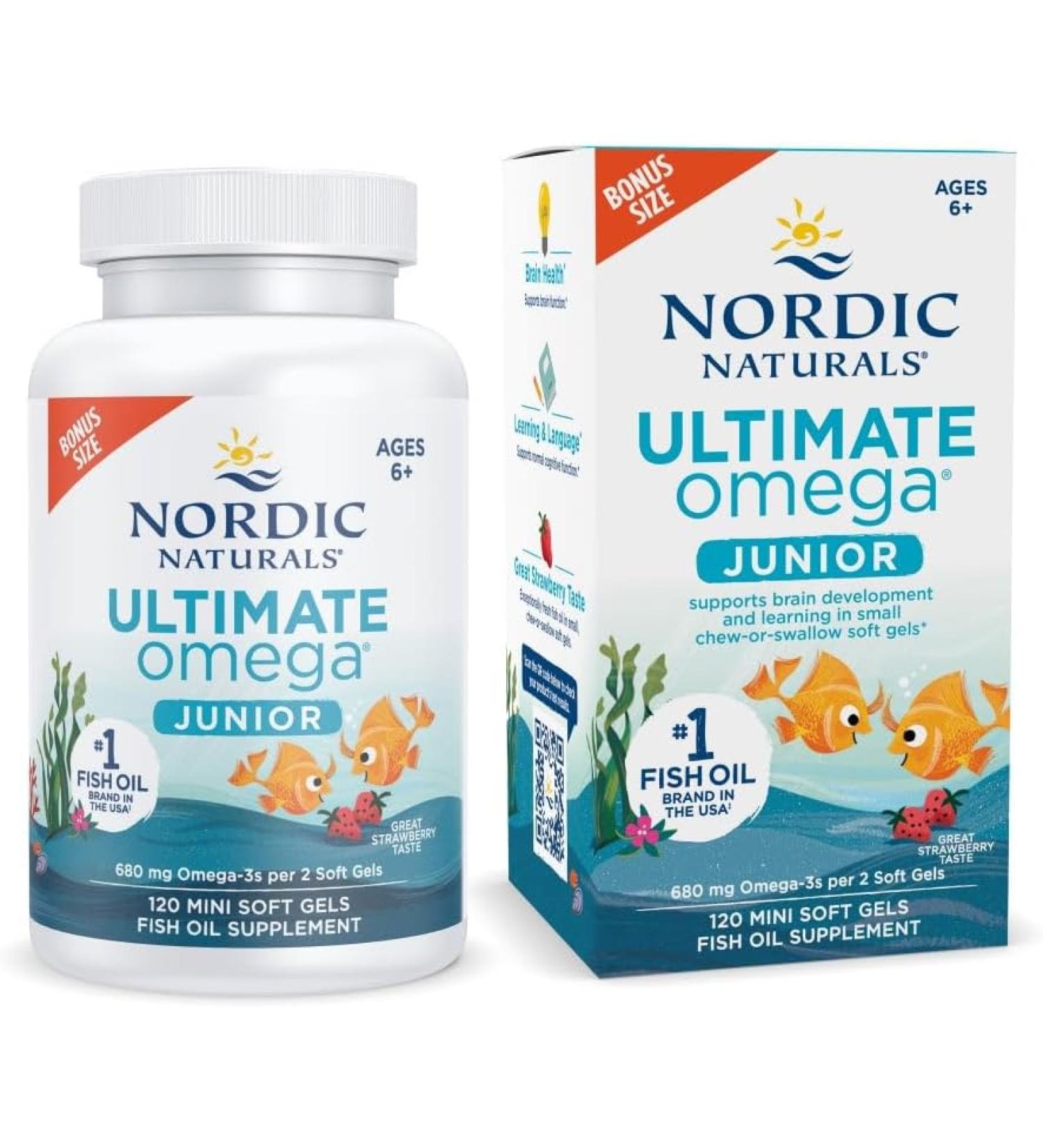 Nordic Naturals Ultimate Omega Jr Strawberry Soft Gels - 120 Mini - Brain Health & Mood Support - Non-GMO - 680 Omega-3s EPA & DHA - 60 Servings - Buy Online on GoSupps.com