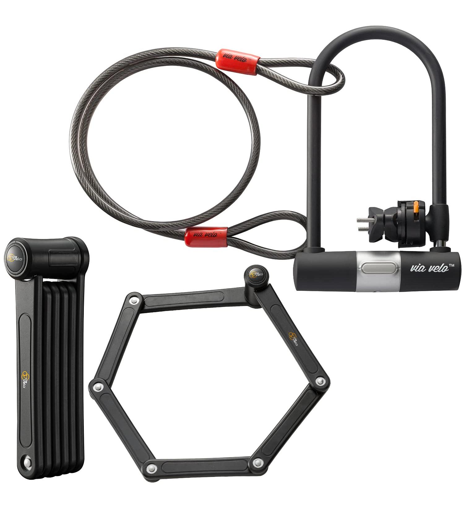 2022 Via Velo Electric Bike Lock Set - Heavy-Duty Steel U Lock, Folding Lock, Cable - Triple Protection for Electric Bikes, Scooters, and Folding Bikes - Buy Online on GoSupps.com