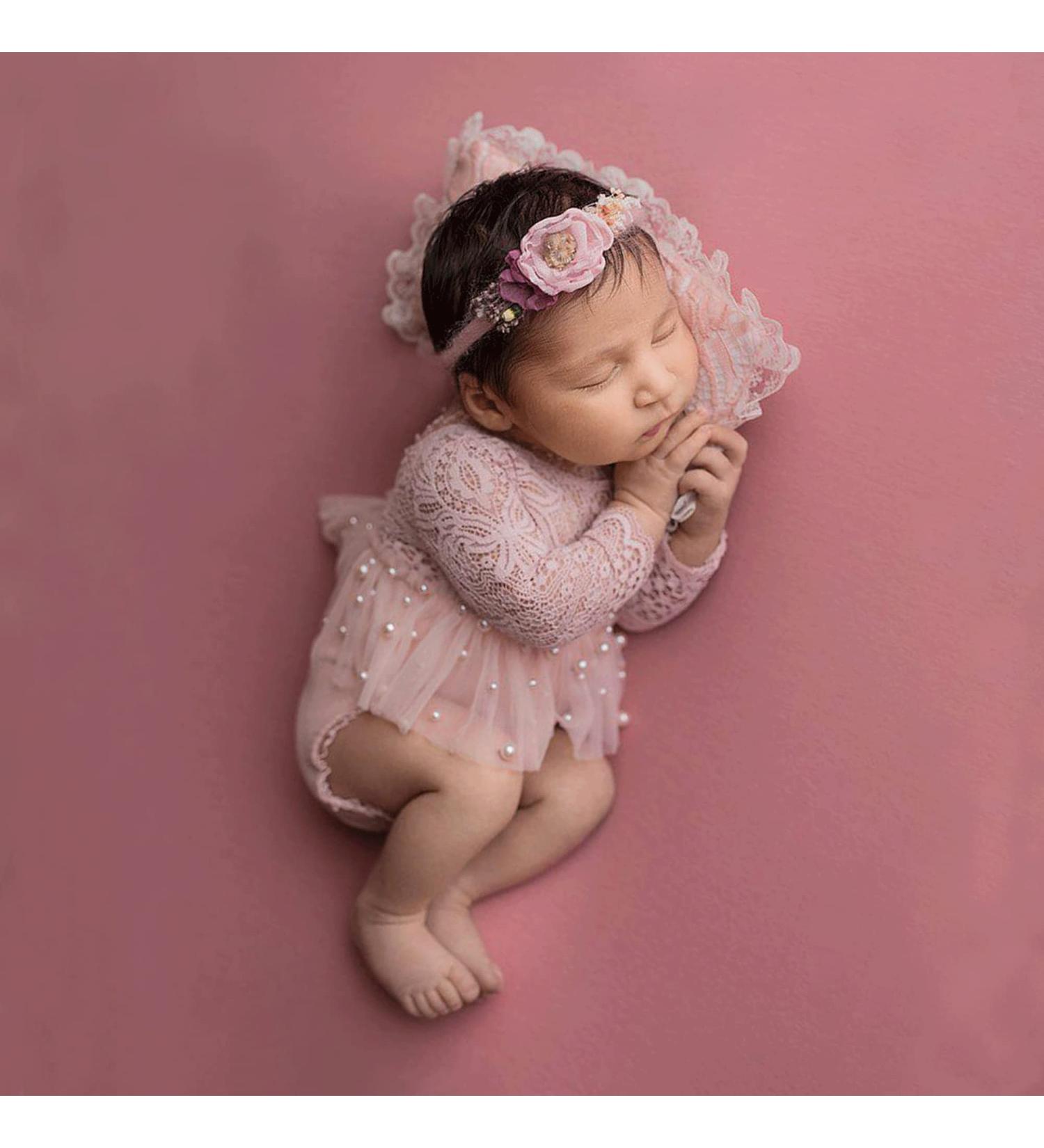 Newborn Photography Outfit Set For Girls - Lace Romper With Tutu Skirt & Headband (3-Piece Set)