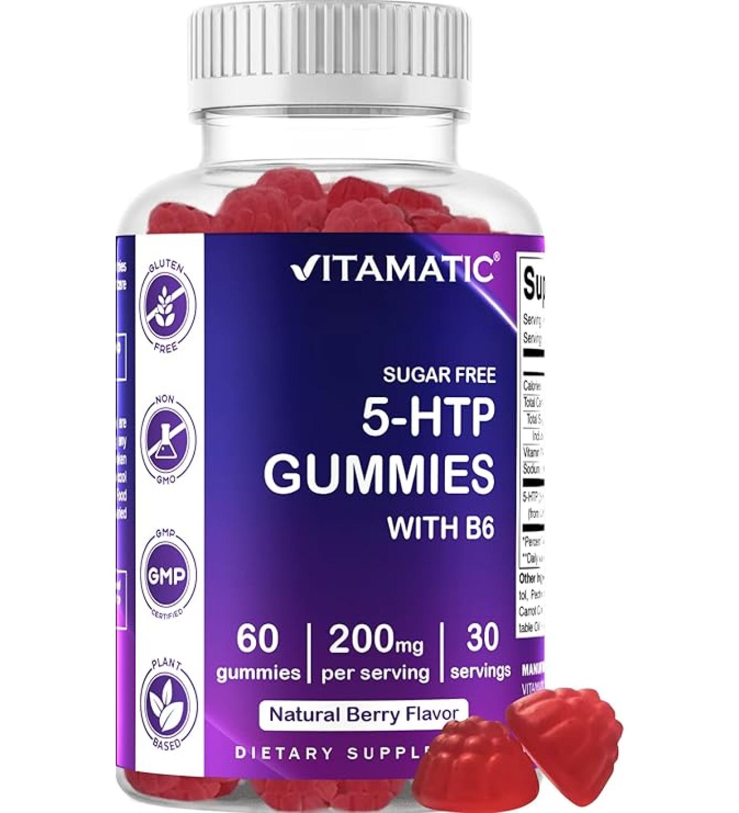 Vitamatic Sugar Free 5-HTP 200mg Gummies with B6 per Serving - 60 Pectin Based Gummes - Buy Online on GoSupps.com