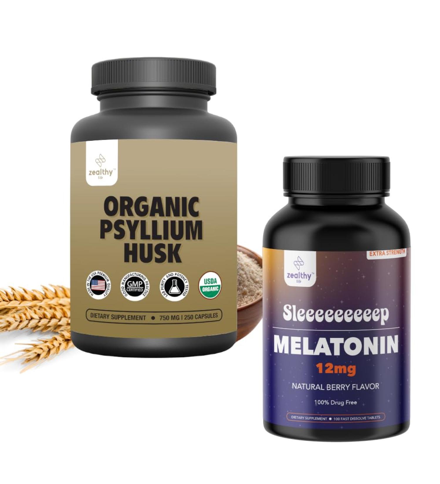 Zealthy Life Gut Health & Sleep Support Bundle Organic Psyllium Husk Capsules Natural Fiber Supplement for Digestive Health & Regularity (250 Ct) + Extra Strength Melatonin 12mg Fast Dissolve Table - Buy Online on GoSupps.com
