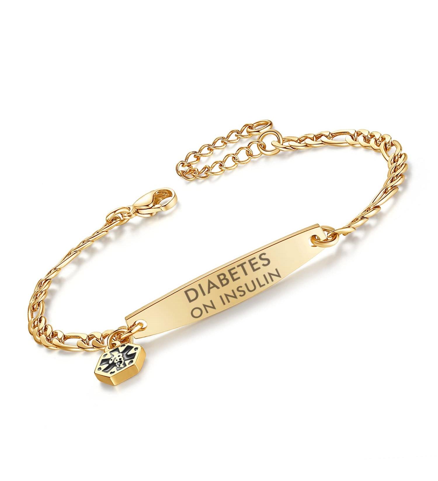 Shop mnmoom Medical ID Bracelets for Women - Stainless Steel Gold Figaro Chain 7-8.5 inch Diabetes & Insulin Alerts - Buy Online on GoSupps.com