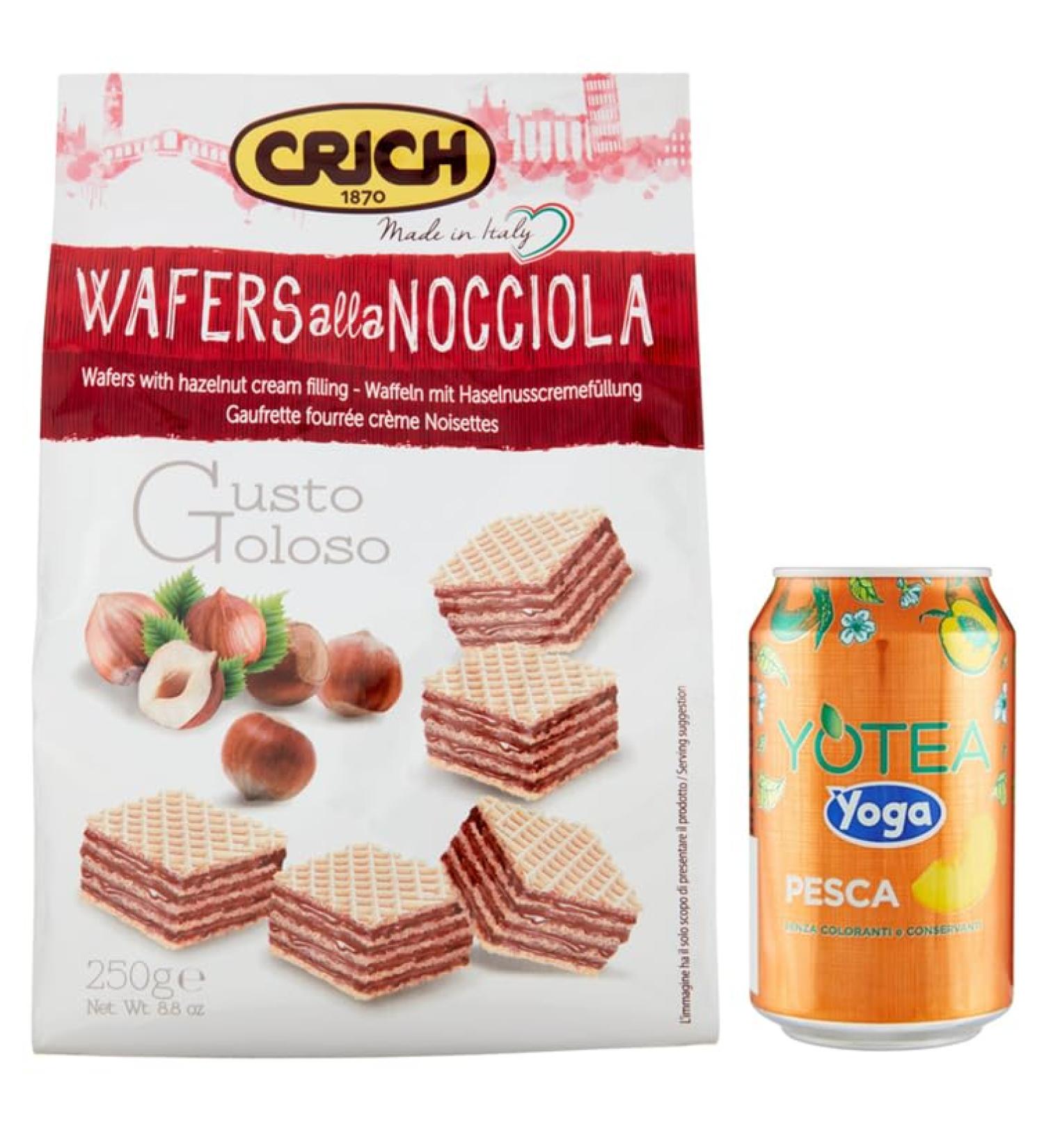Crich Wafers con Crema alla Nocciola Sweet Biscuit Bags with Hazelnut Cream 250 g Bag + 1 x 330 ml Box of Peach Yoga Iced Tea - Buy Online on GoSupps.com