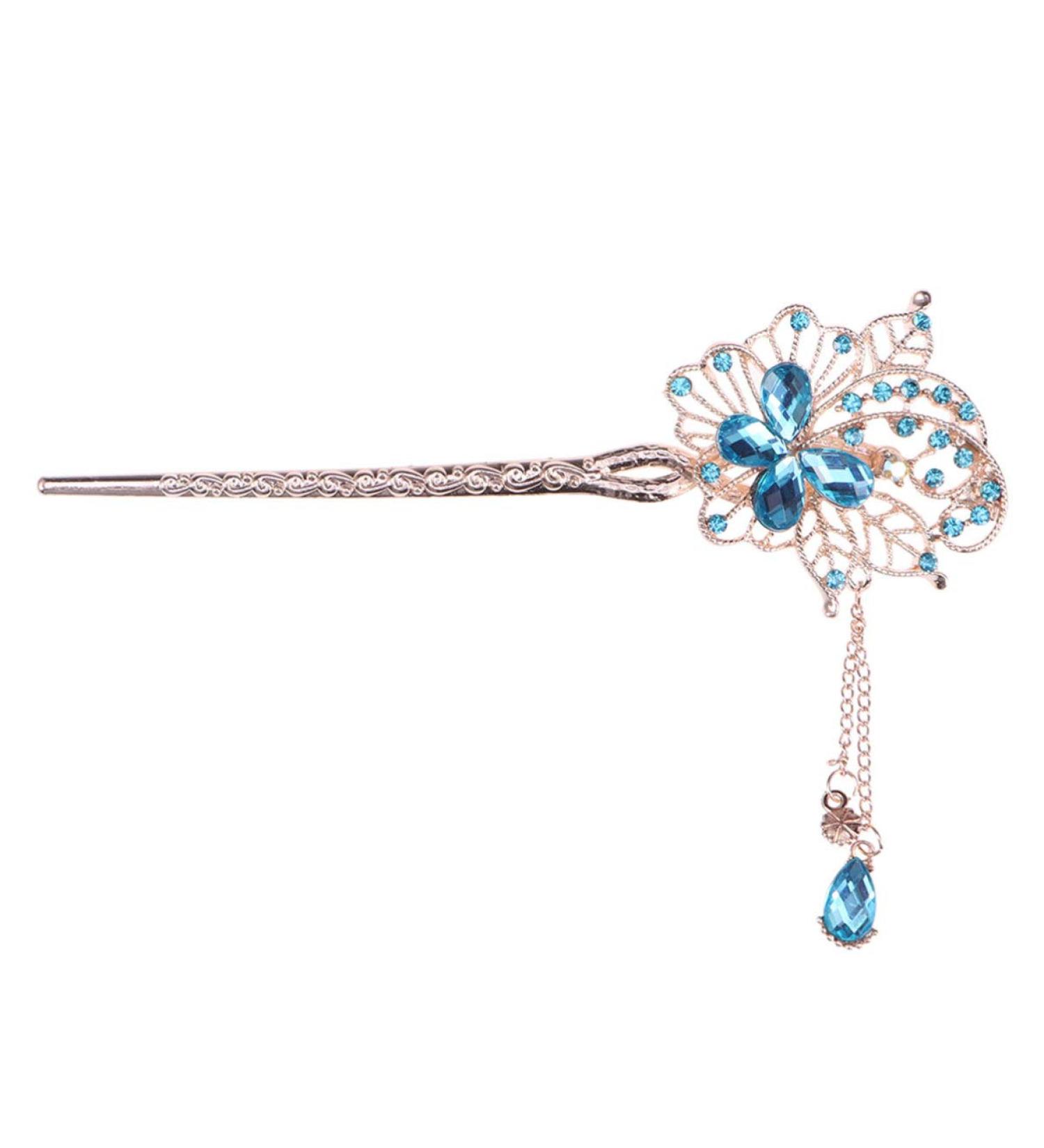 Uonlytech Flower Hair Stick Chinese Hair Chopsticks with Tassel Rhinestone Pearl Hair Pin Vintage Long Hair Decoration for Women Girls (Sky-Blue) Sky blue - Buy Online on GoSupps.com