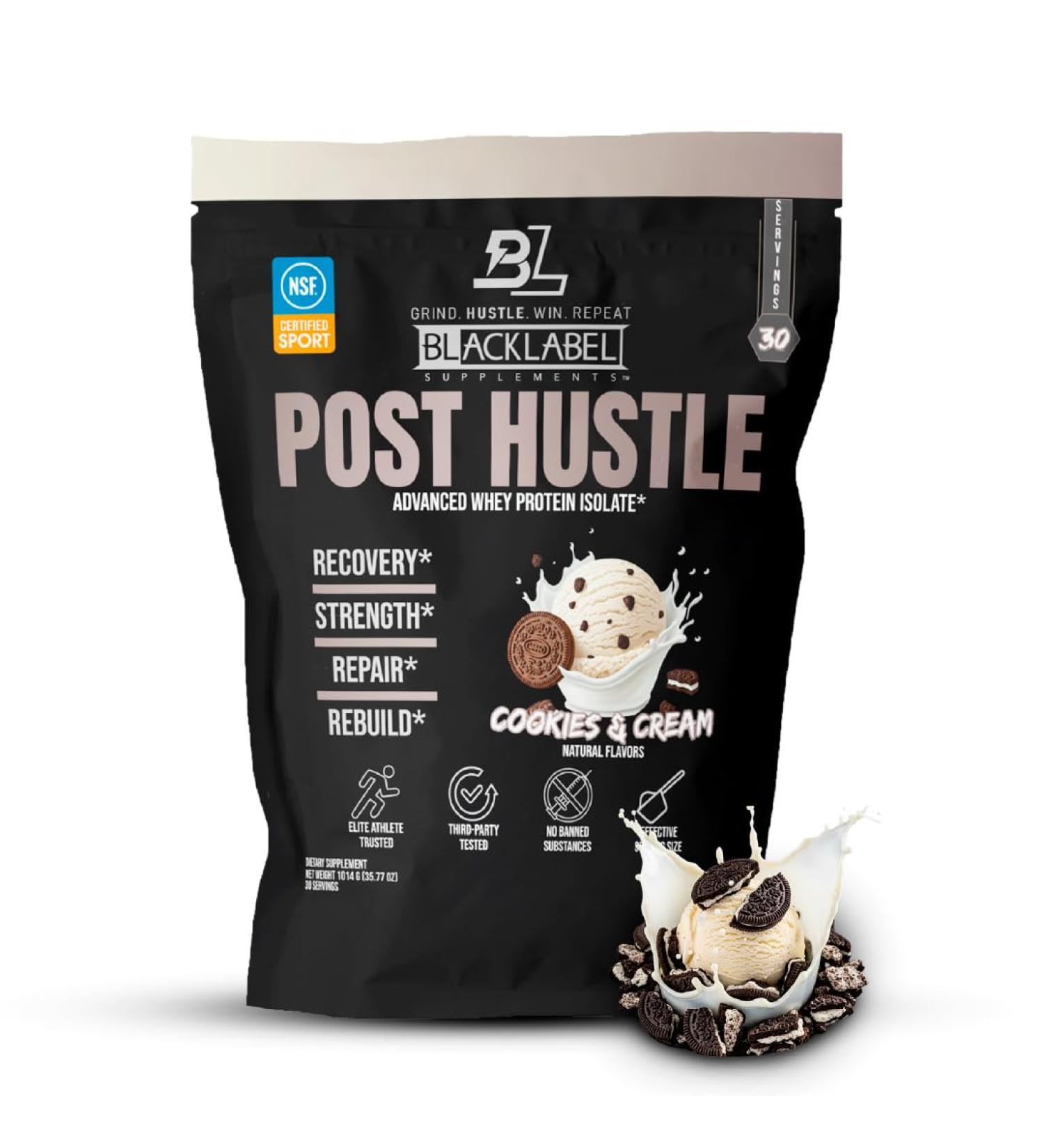 BLACKLABEL Supplements Post Hustle Post Workout Protein Powder 30 Servings NSF Certified for Sport Whey Isolate Protein Powder with Digestive Enzymes Cookies & Cream - Buy Online on GoSupps.com