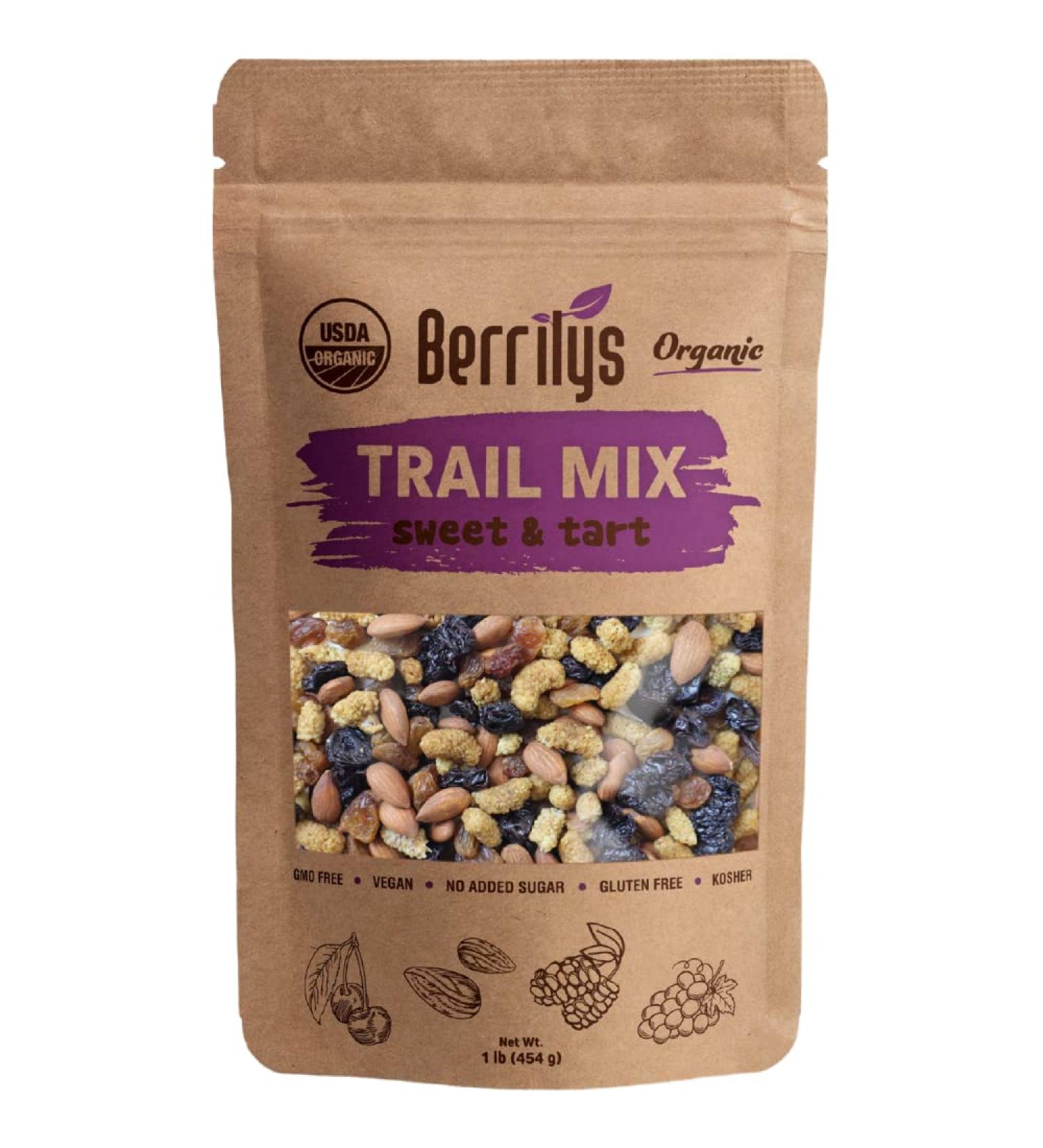 Berrilys Trail Mix Organic Sweet and Tart Sultanas Dried Mulberries Dried Tart Cherries Roasted Apricot Kernels Vegan Keto Non-GMO Kosher No Added Sugar No Added Salt 454 GR - Buy Online on GoSupps.com